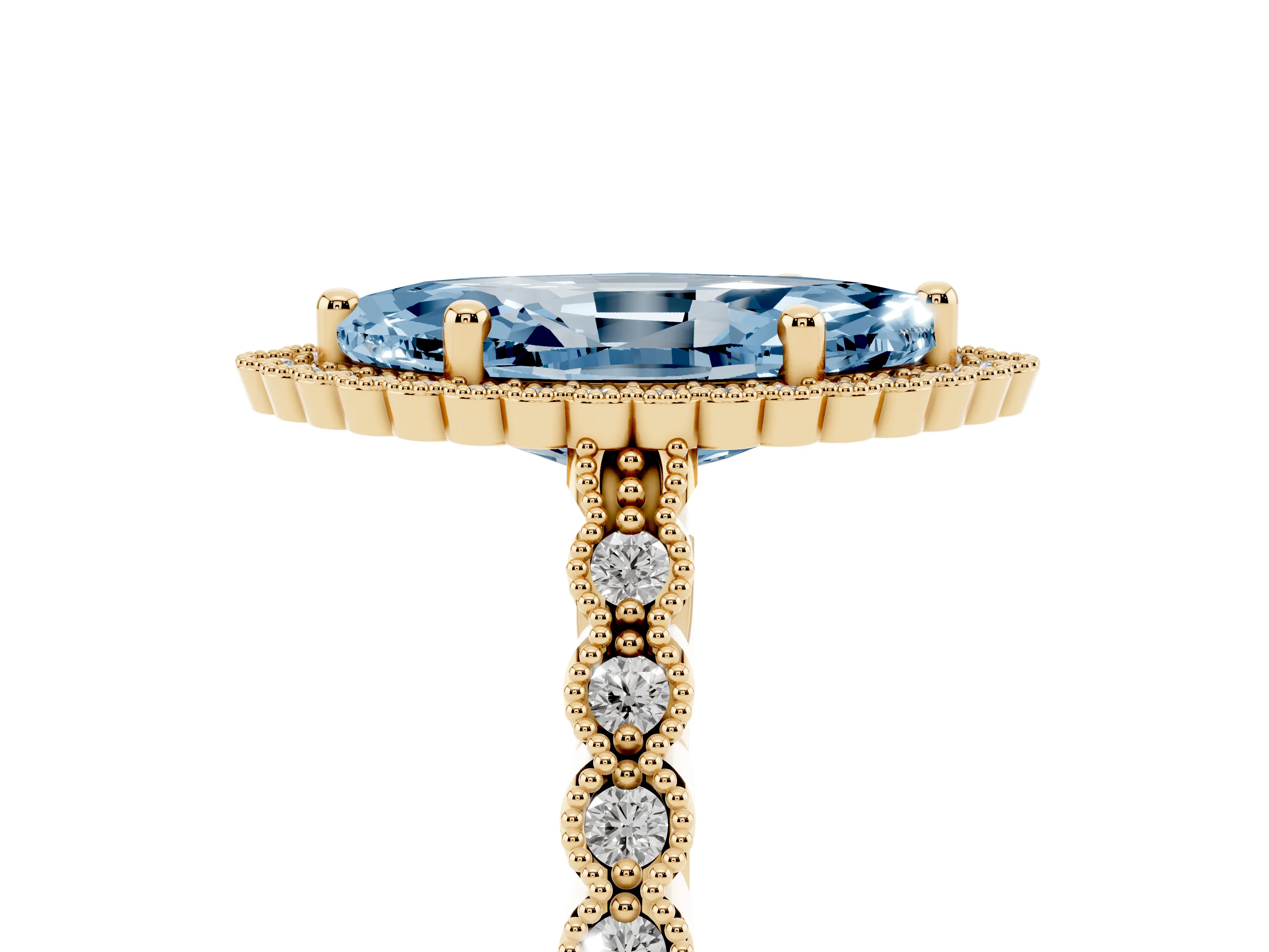 Fancy Blue Marquise Cut Diamond Halo Ring Set in Yellow gold with Pavé Milgrain Band
