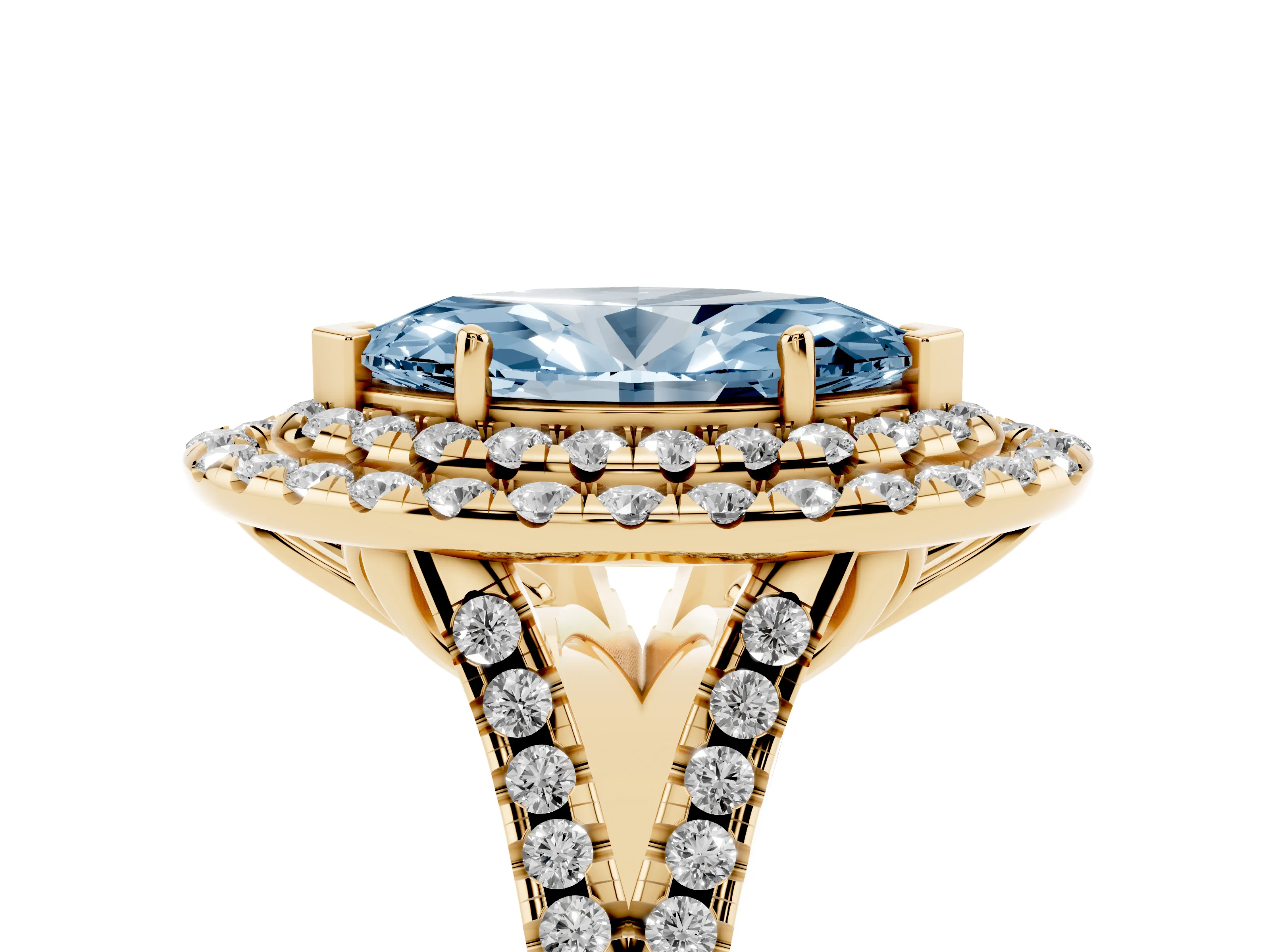 Fancy Blue Marquise Cut Diamond Double Halo Ring Set in Yellow gold with Pavé Split Shank and Prong Setting