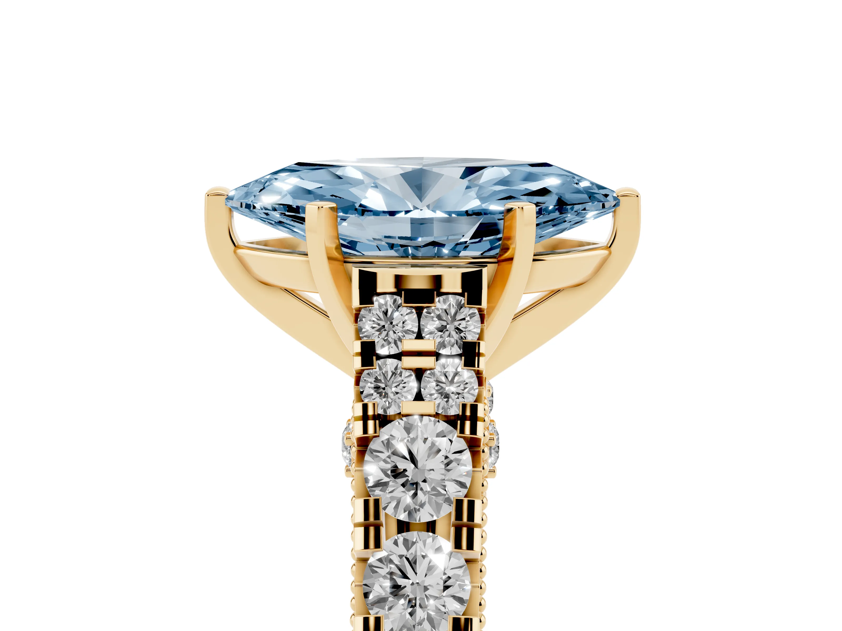 Fancy Blue Marquise Cut Diamond Classic Solitaire Ring Set in Yellow gold with Pavé Band and Prong Setting