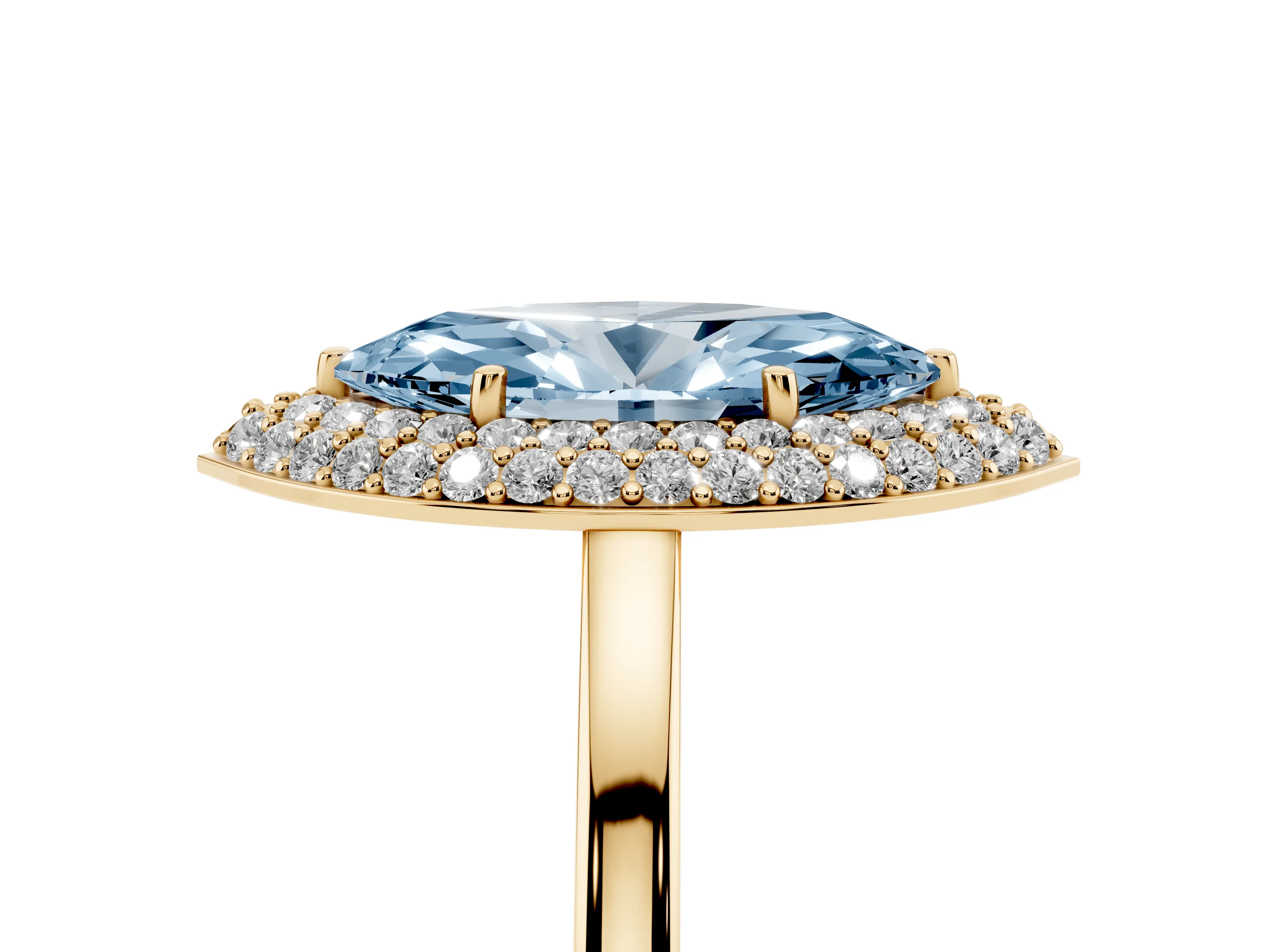 Fancy Blue Marquise Cut Diamond Halo Engagement Ring Set in Yellow gold with Solitaire Band and Prong Setting
