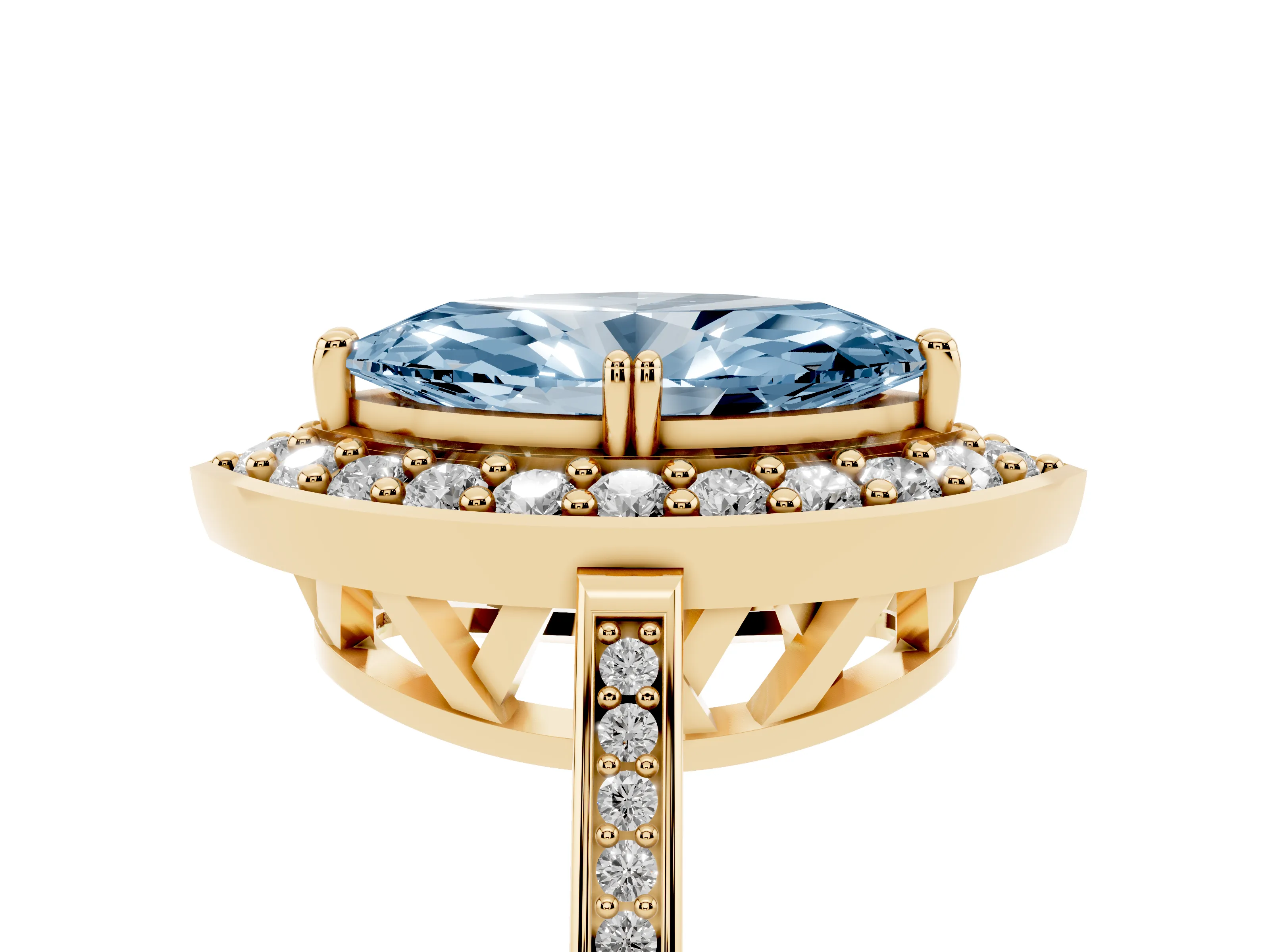 Fancy Blue Marquise Cut Diamond Halo Ring Set in Yellow gold with Accent-Lined Split Shank and Prong Setting