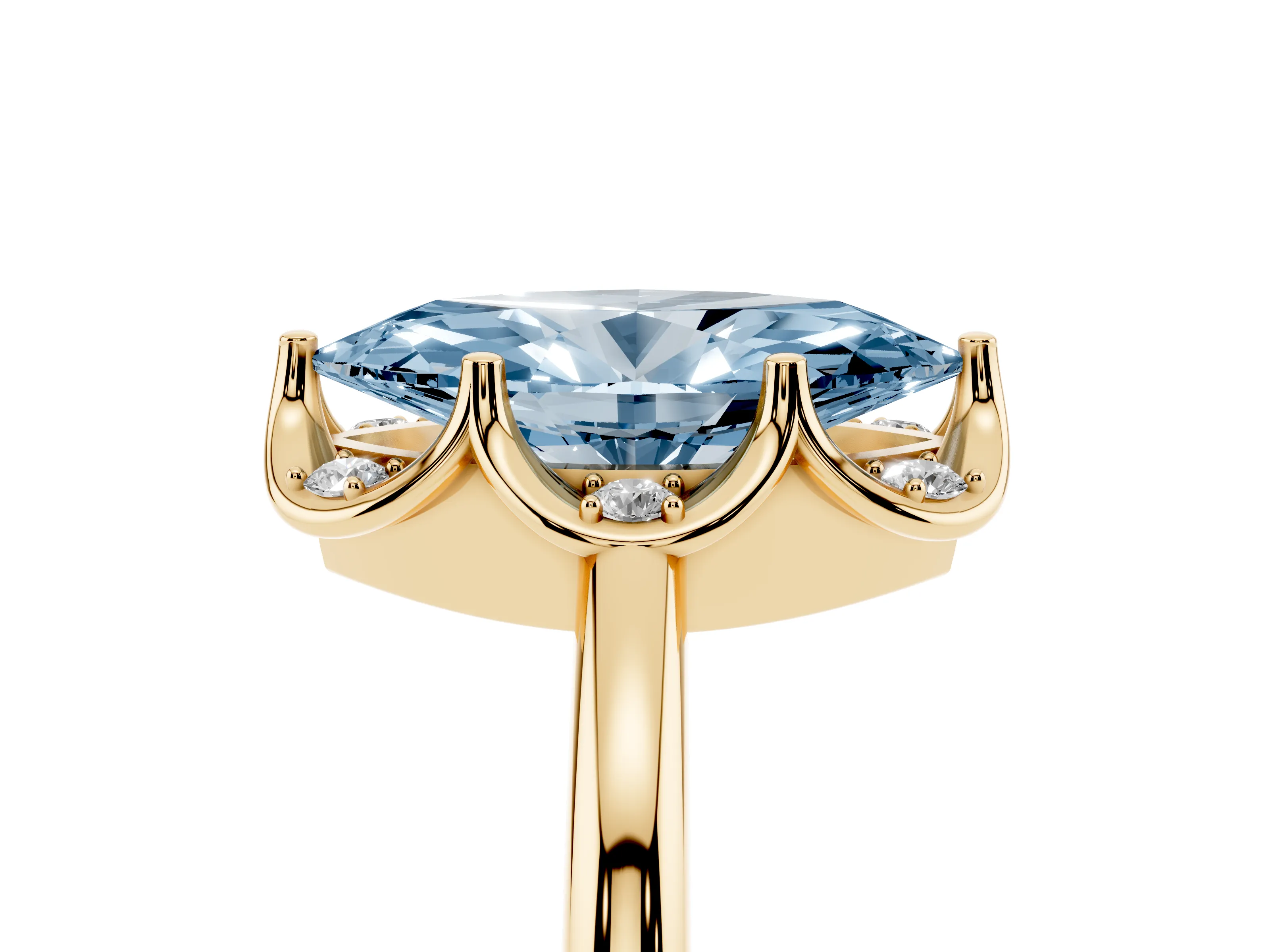 Fancy Blue Marquise Cut Diamond Round Cluster Halo Ring Set in Yellow gold with Solitaire Band and Prong Setting
