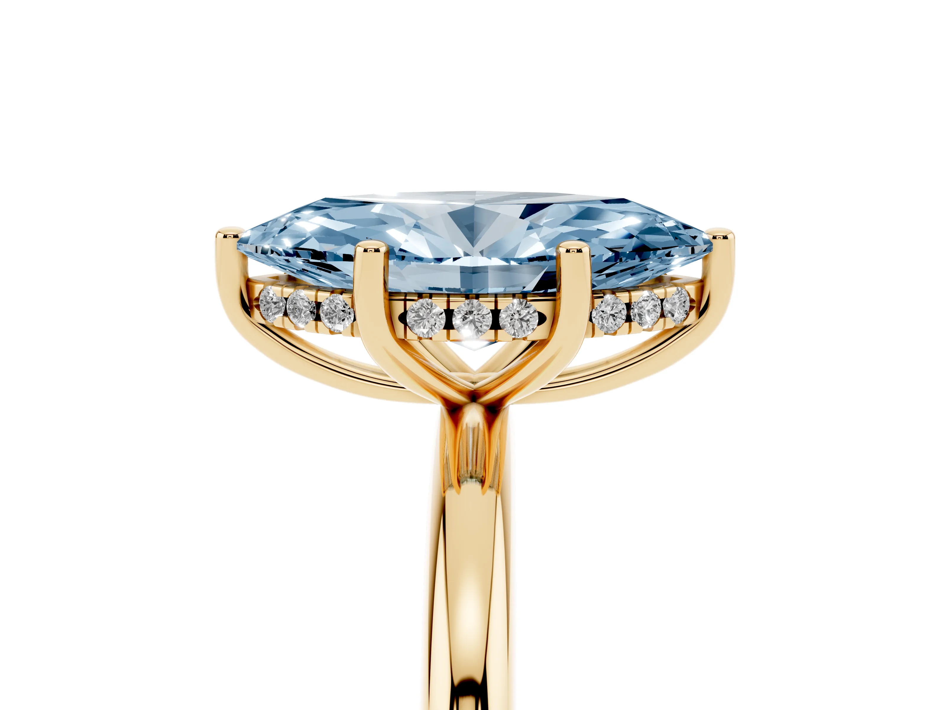 Fancy Blue Marquise Cut Diamond Solitaire Engagement Ring Set in Yellow gold with Prong Setting and Polished Band