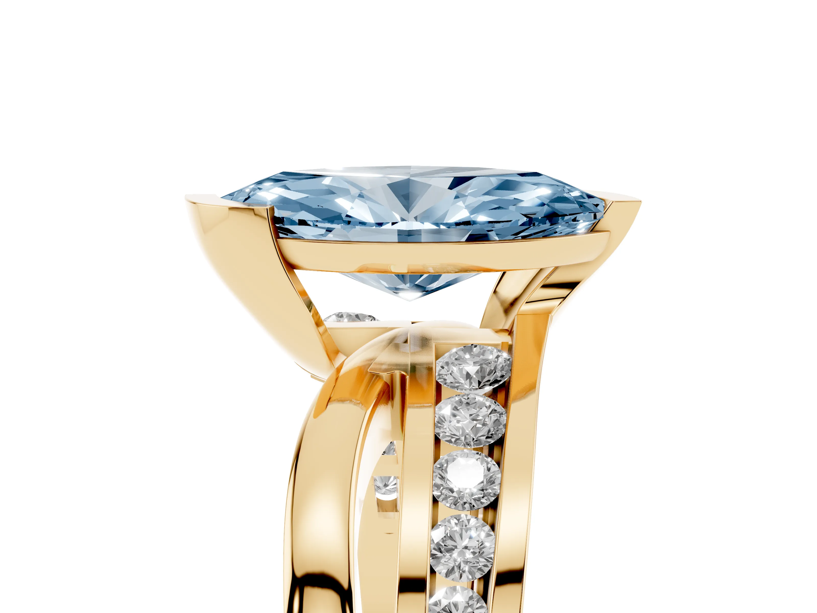 Fancy Blue Marquise Cut Diamond Solitaire Ring Set in Yellow gold with Channel Set Split Shank and Tension Prongs