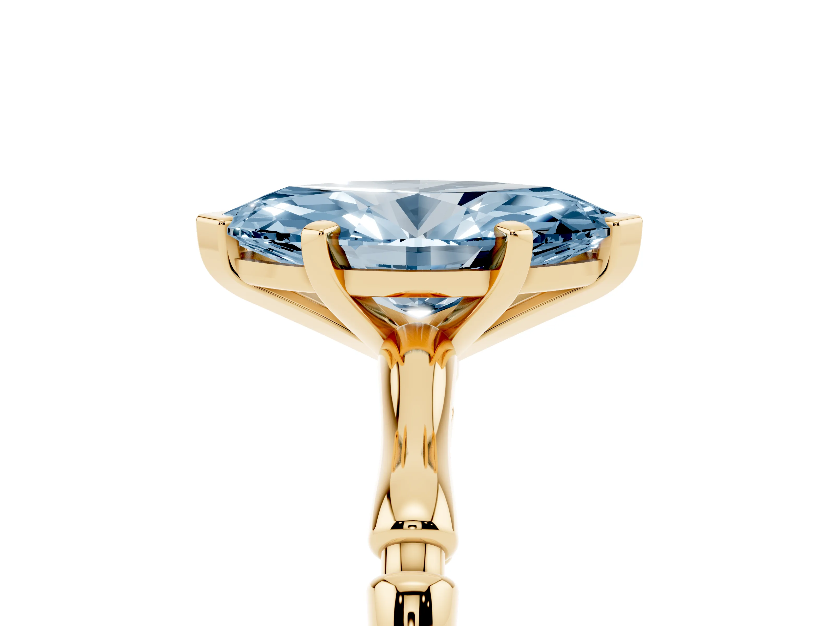Fancy Blue Marquise Cut Diamond Solitaire Ring Set in Yellow gold with Bamboo Band and Prong Setting