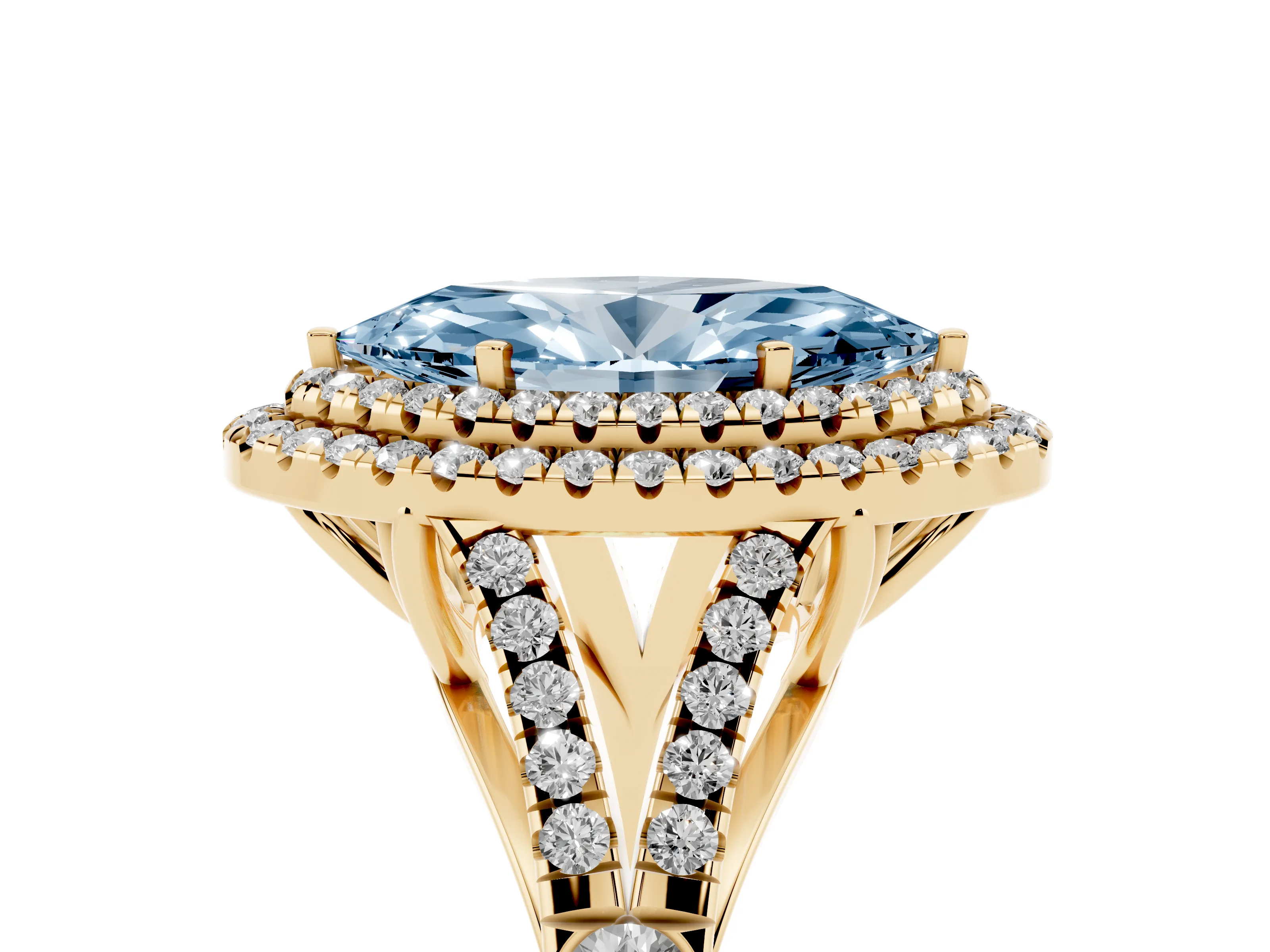 Fancy Blue Marquise Cut Diamond Pavé Split Shank Double Halo Engagement Ring Set in Yellow gold