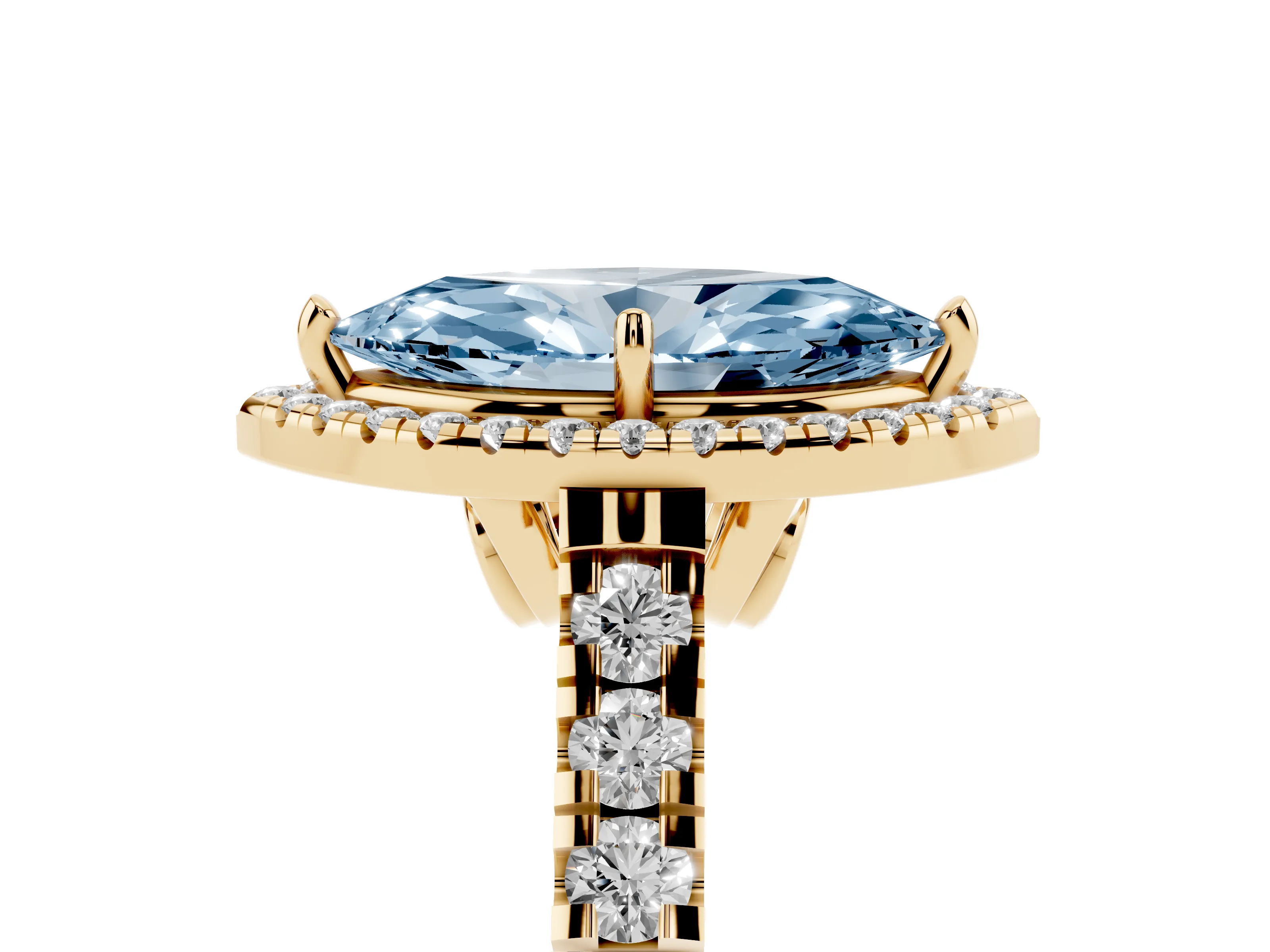 Fancy Blue Marquise Cut Diamond Halo Engagement Ring Set in Yellow gold with Pavé Band and Prong-Set Center