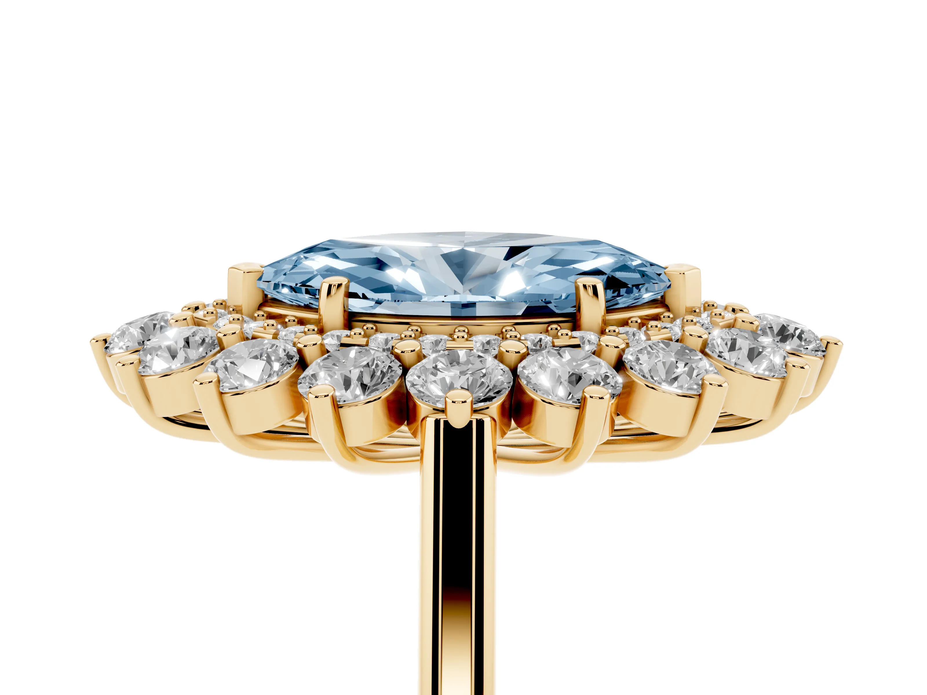 Fancy Blue Marquise Cut Diamond Floral Double Halo Ring Set in Yellow gold with Round Petals