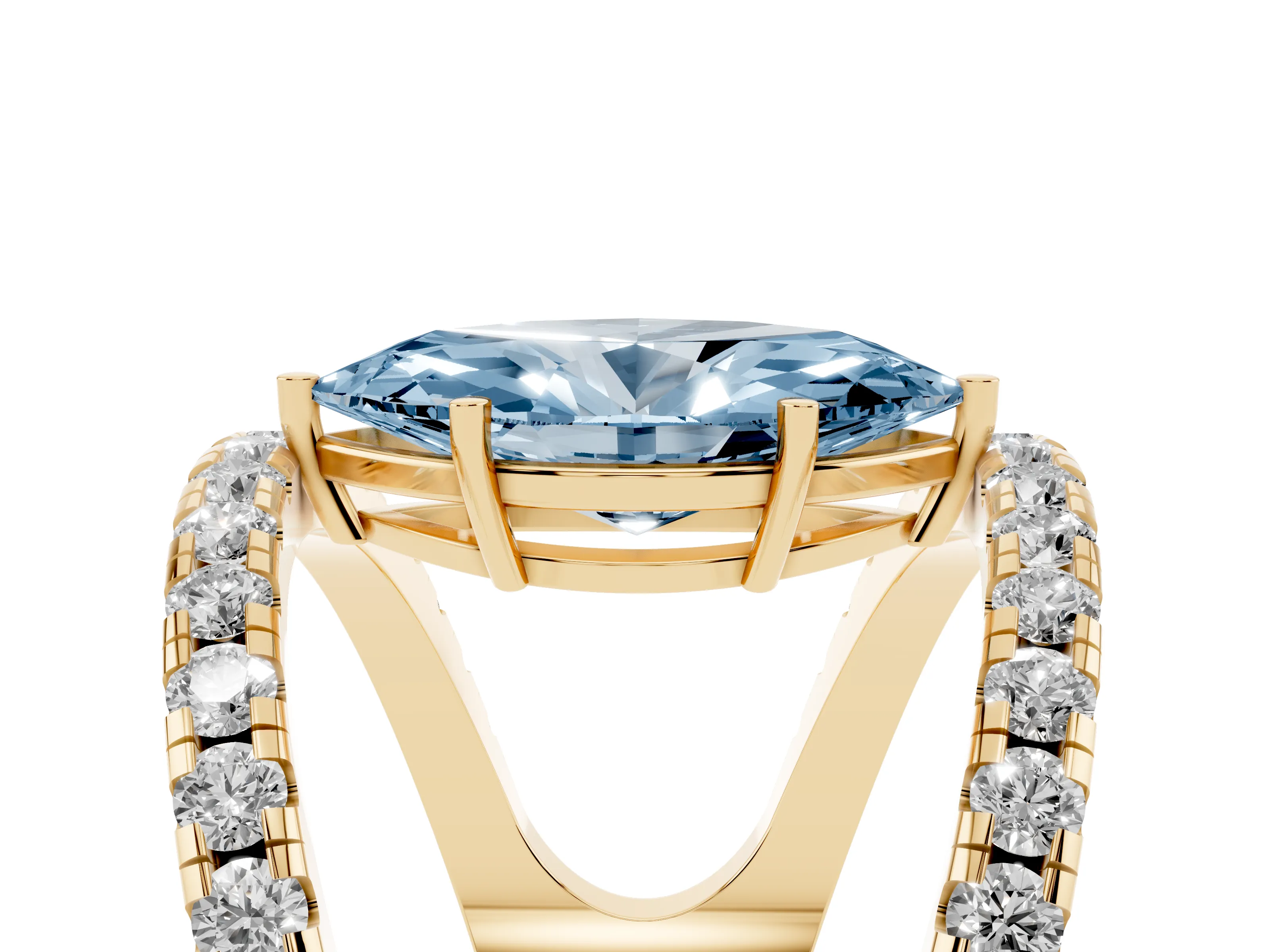 Fancy Blue Marquise Cut Diamond Split Shank Pavé Solitaire Ring Set in Yellow gold with Open Shank Design