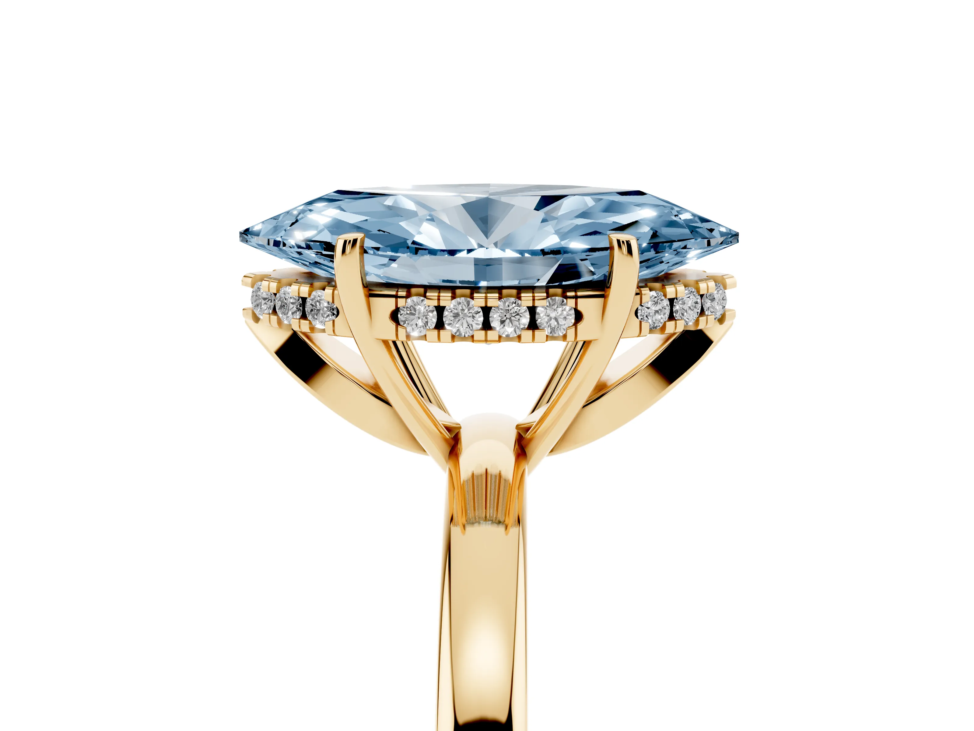 Fancy Blue Marquise Cut Diamond Solitaire Ring Set in Yellow gold with Plain Band and Prong Setting