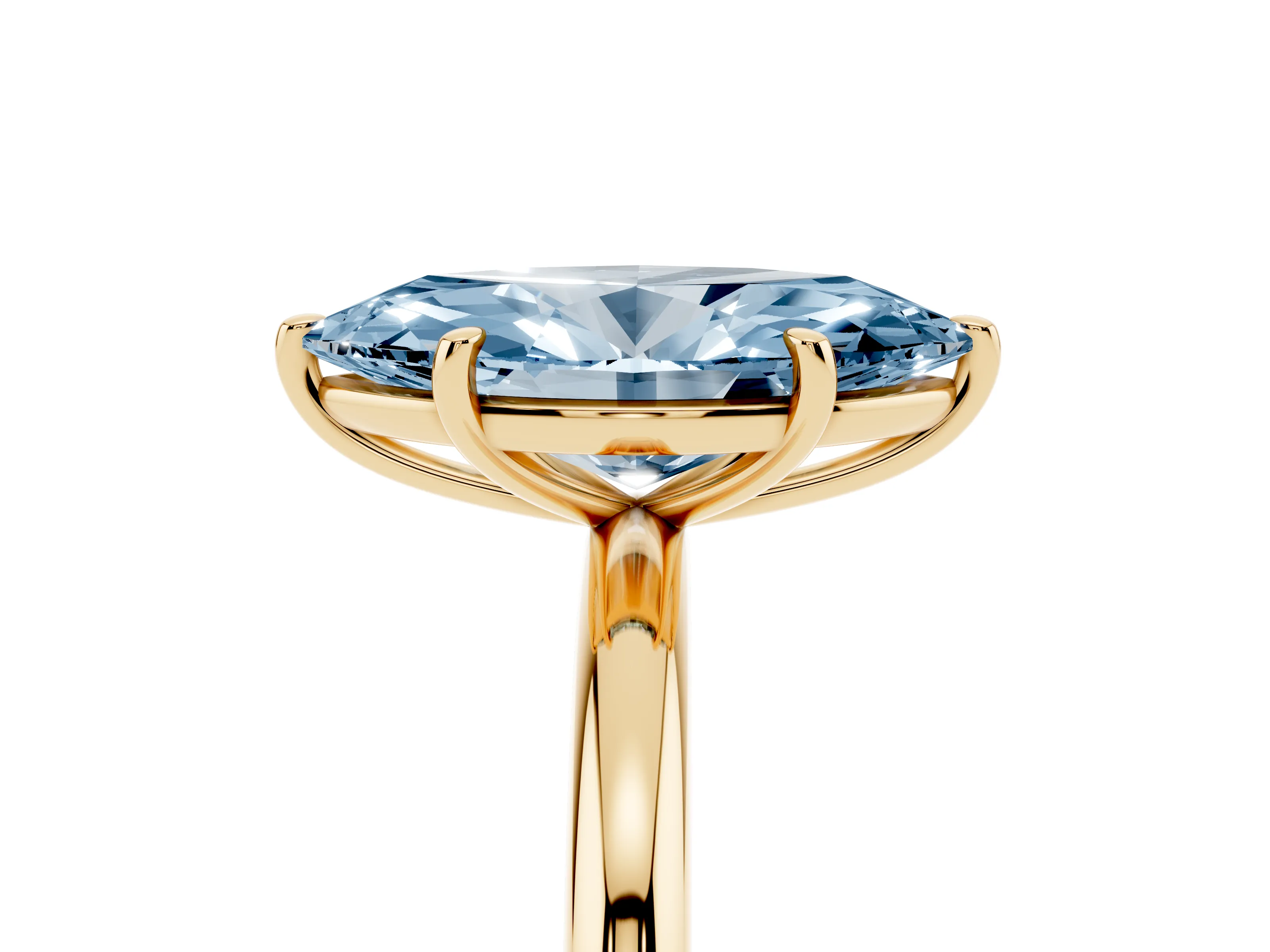 Fancy Blue Marquise Cut Diamond Solitaire Ring Set in Yellow gold with Prong Setting on a Polished Plain Band