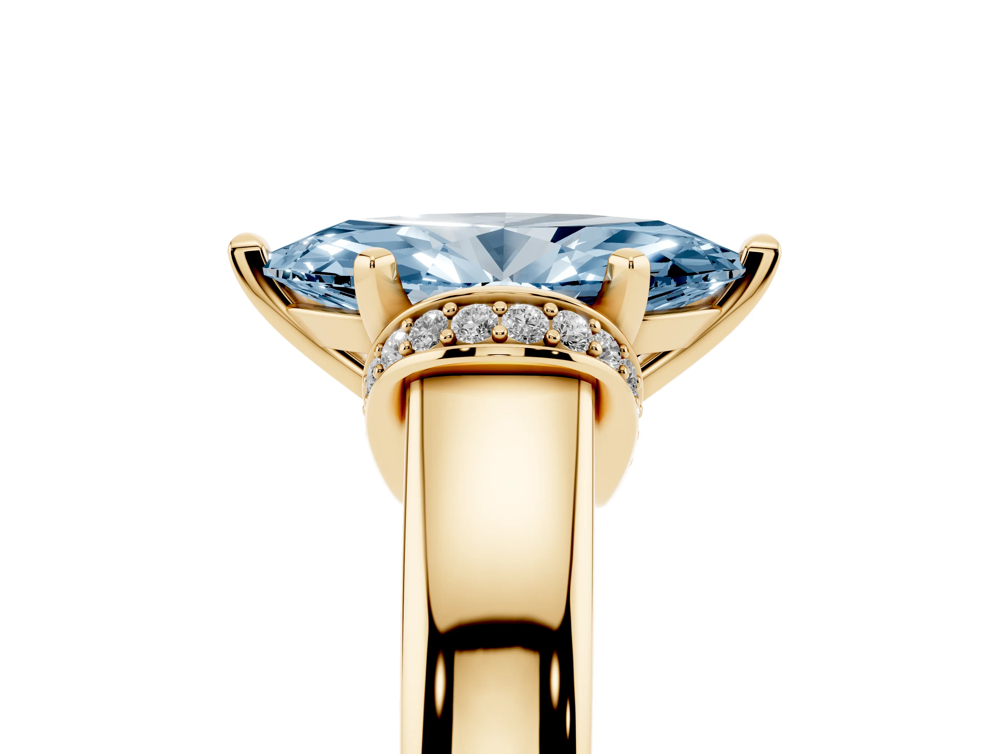 Fancy Blue Marquise Cut Diamond Pavé Band Solitaire Ring Set in Yellow gold with Prong Setting