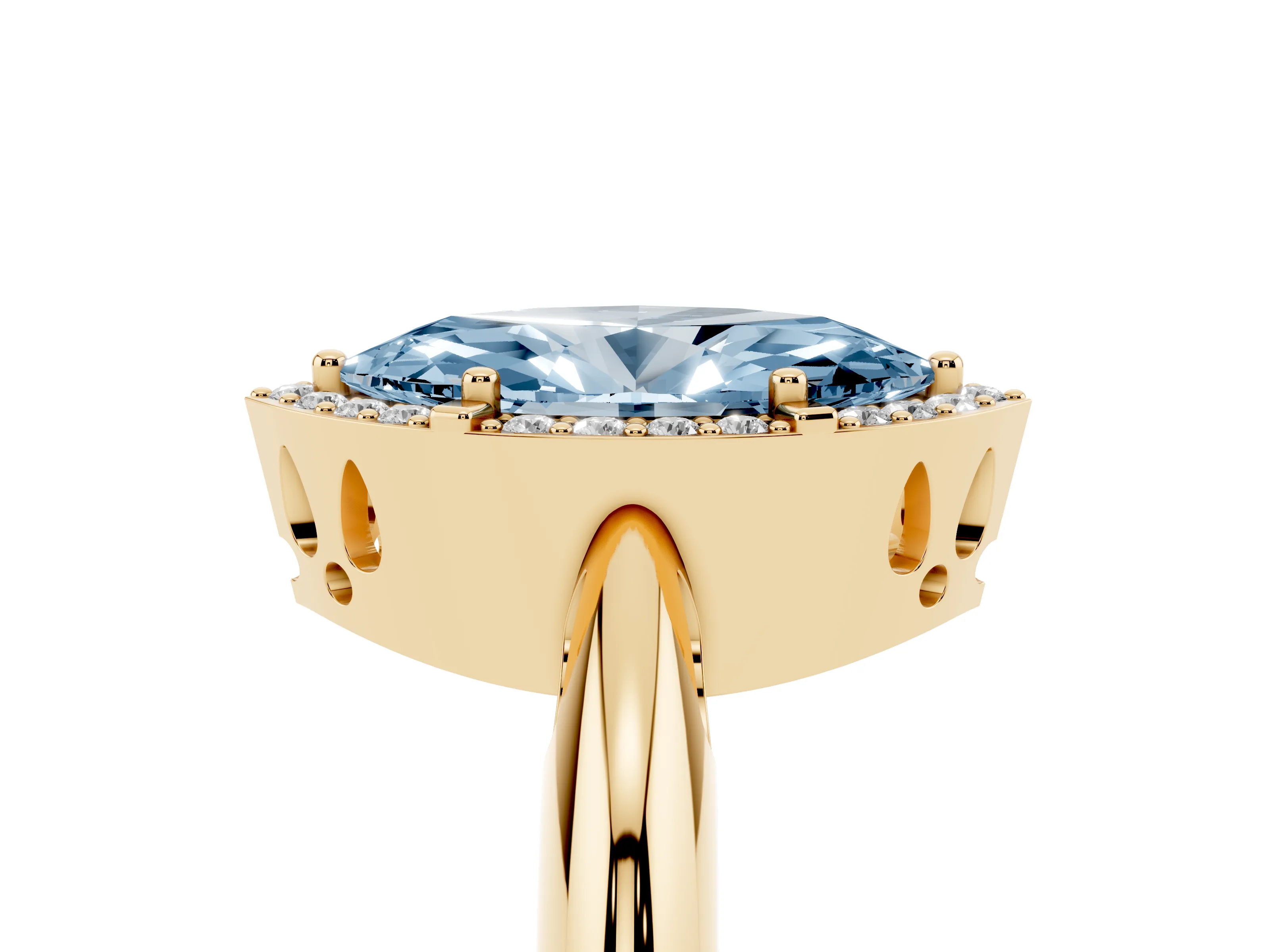 Fancy Blue Marquise Cut Diamond Halo Engagement Ring Set in Yellow gold with Plain Split Shank and Prong Setting
