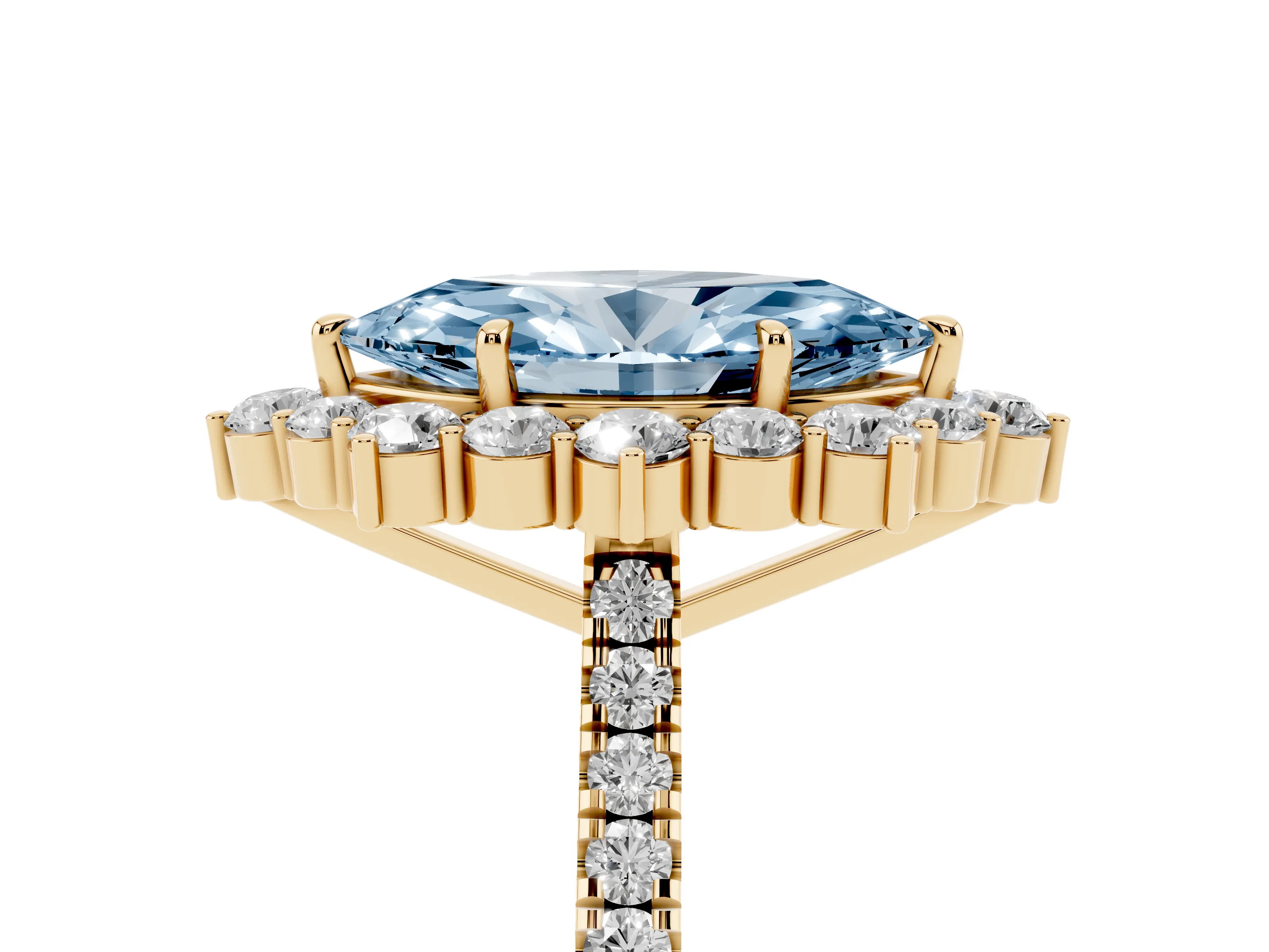 Fancy Blue Marquise Cut Diamond Halo Ring Set in Yellow gold with Pavé Band and Prong Setting