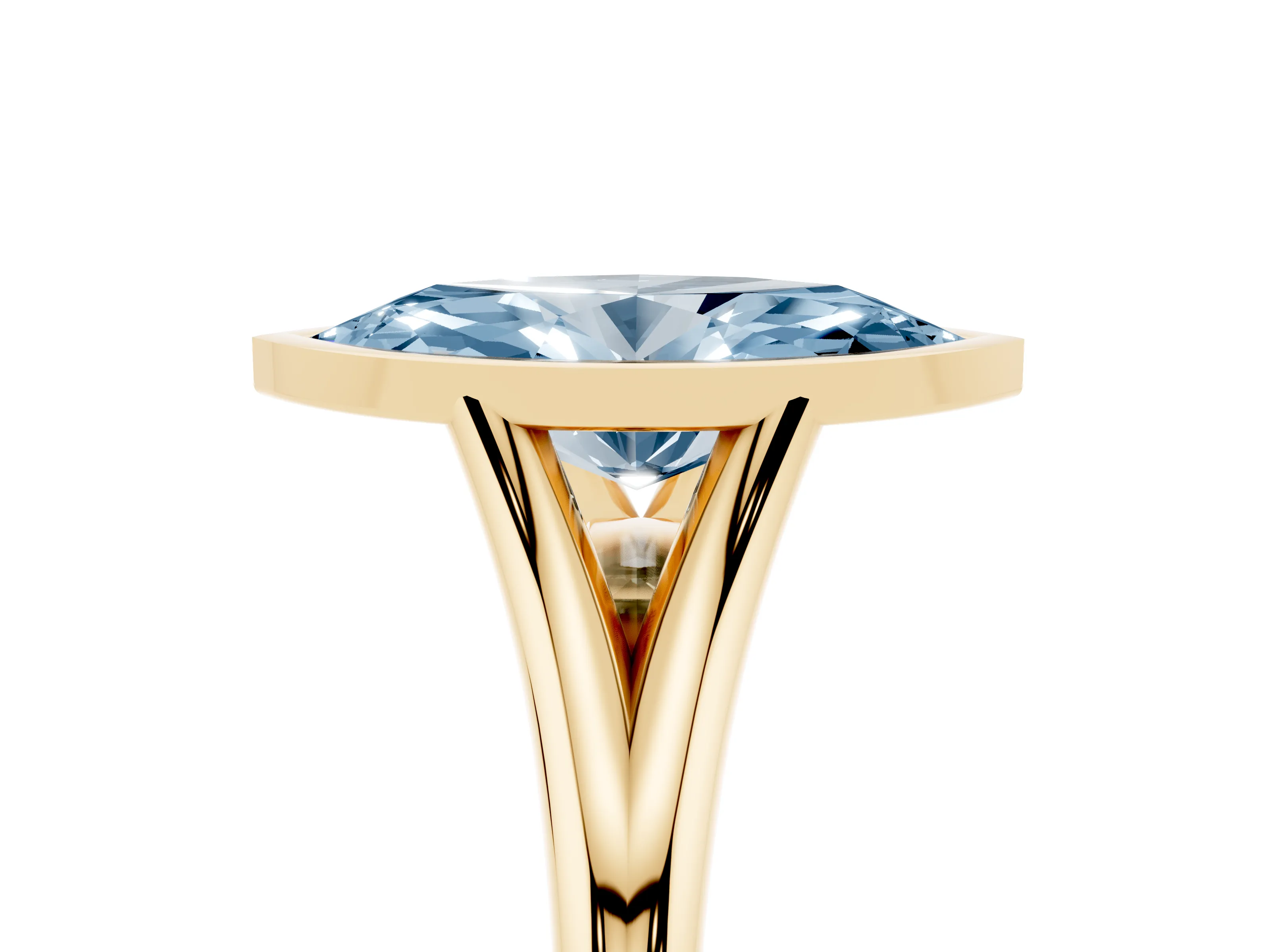 Fancy Blue Bezel Set Marquise Cut Diamond Solitaire Ring Set in Yellow gold with Tapered Band