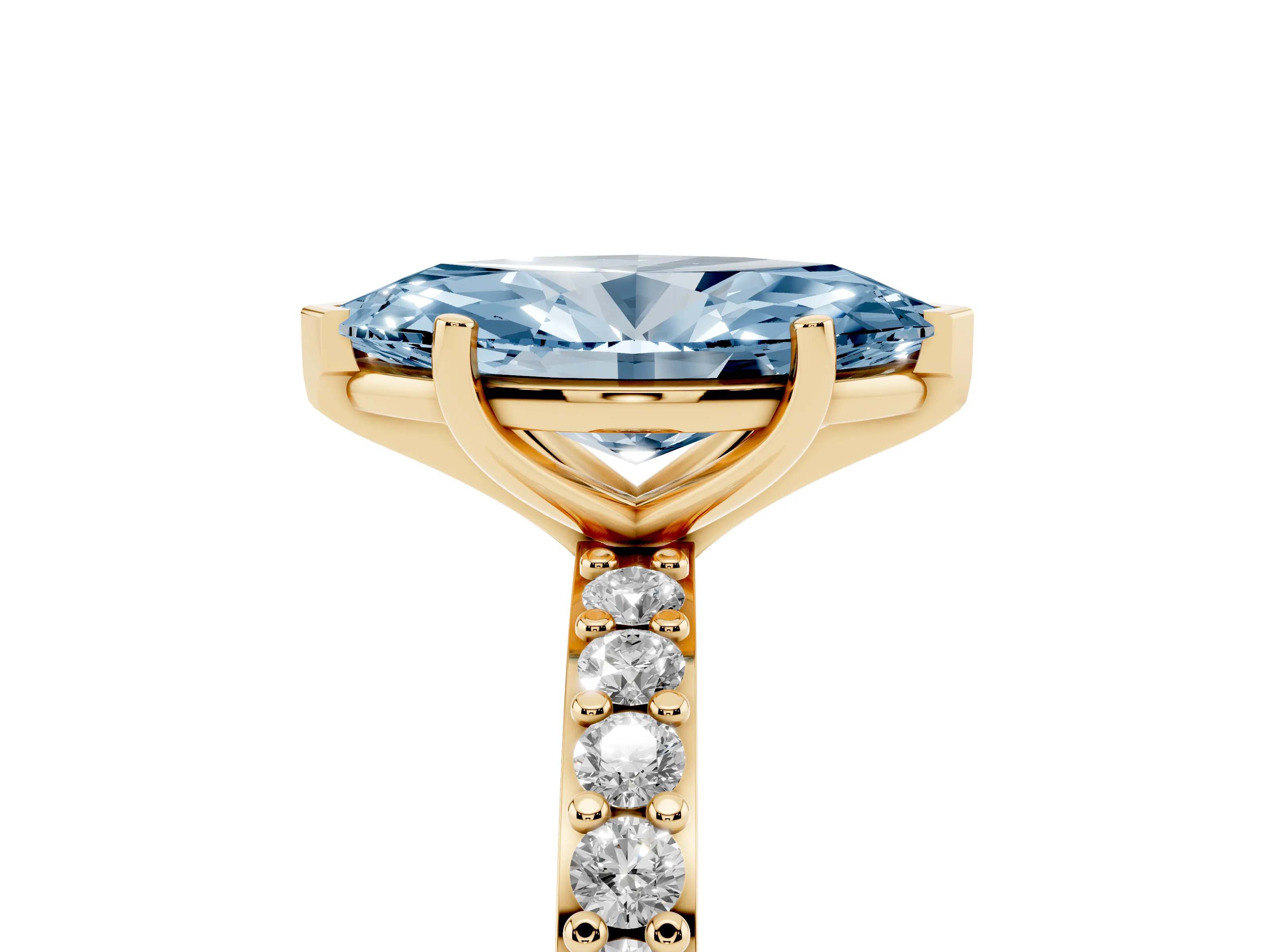 Fancy Blue Marquise Cut Diamond Solitaire Set in Yellow gold with Round Pavé Band and Prong Setting
