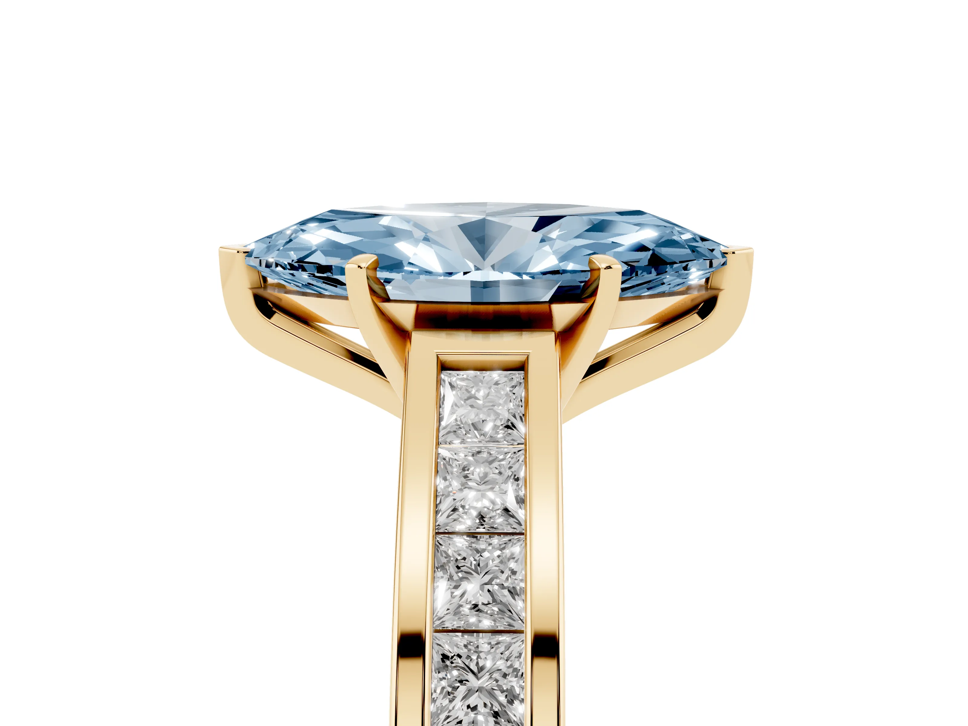 Fancy Blue Marquise Cut Diamond Solitaire Ring Set in Yellow gold with Channel-Set Band and Prong Setting