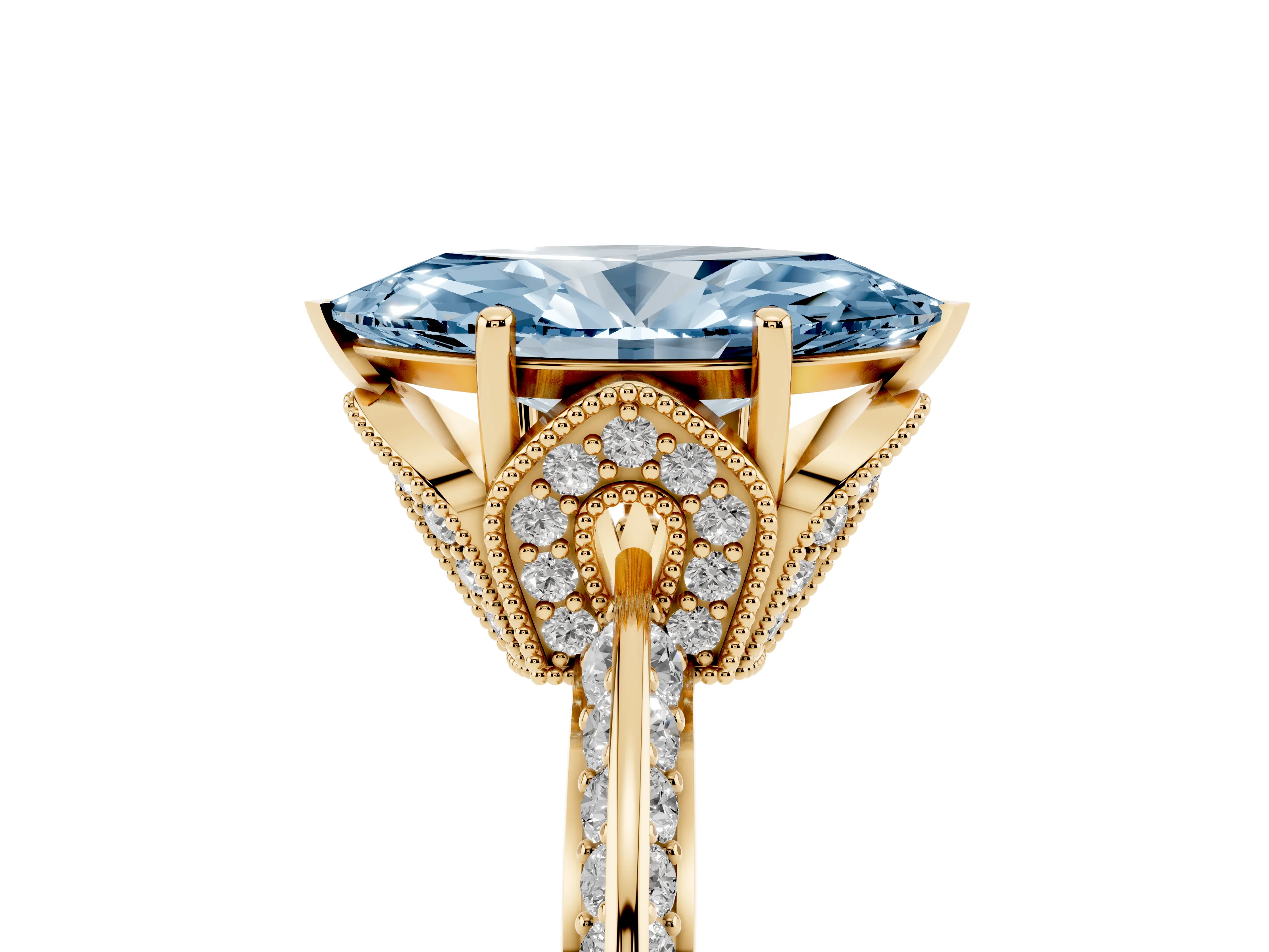 Fancy Blue Marquise Cut Diamond Solitaire Engagement Ring Set in Yellow gold with Pavé Split Shank and Prong Setting