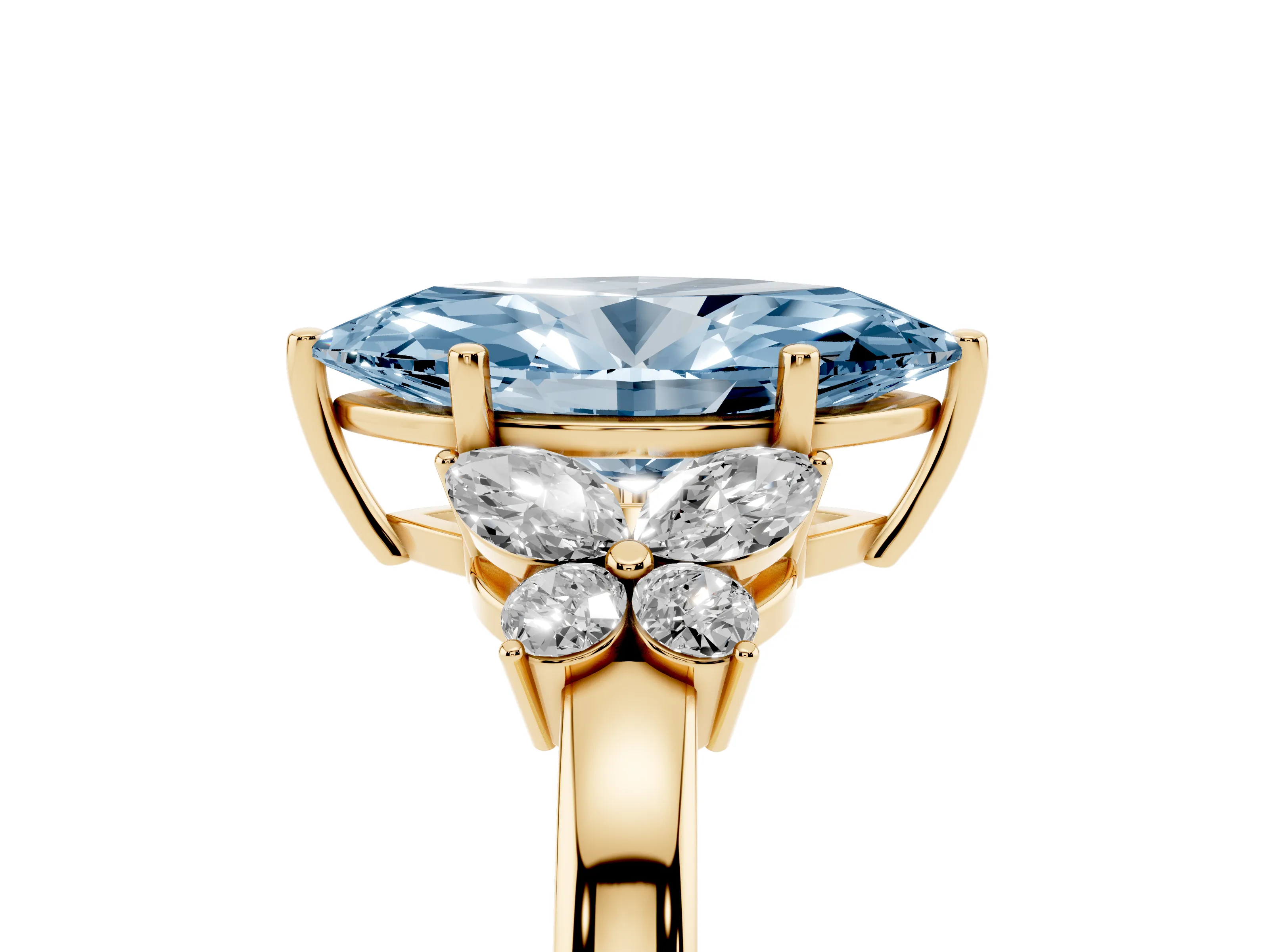 Fancy Blue Marquise Cut Diamond Solitaire Floral Ring Set in Yellow gold with Marquise Petals and Prong Setting