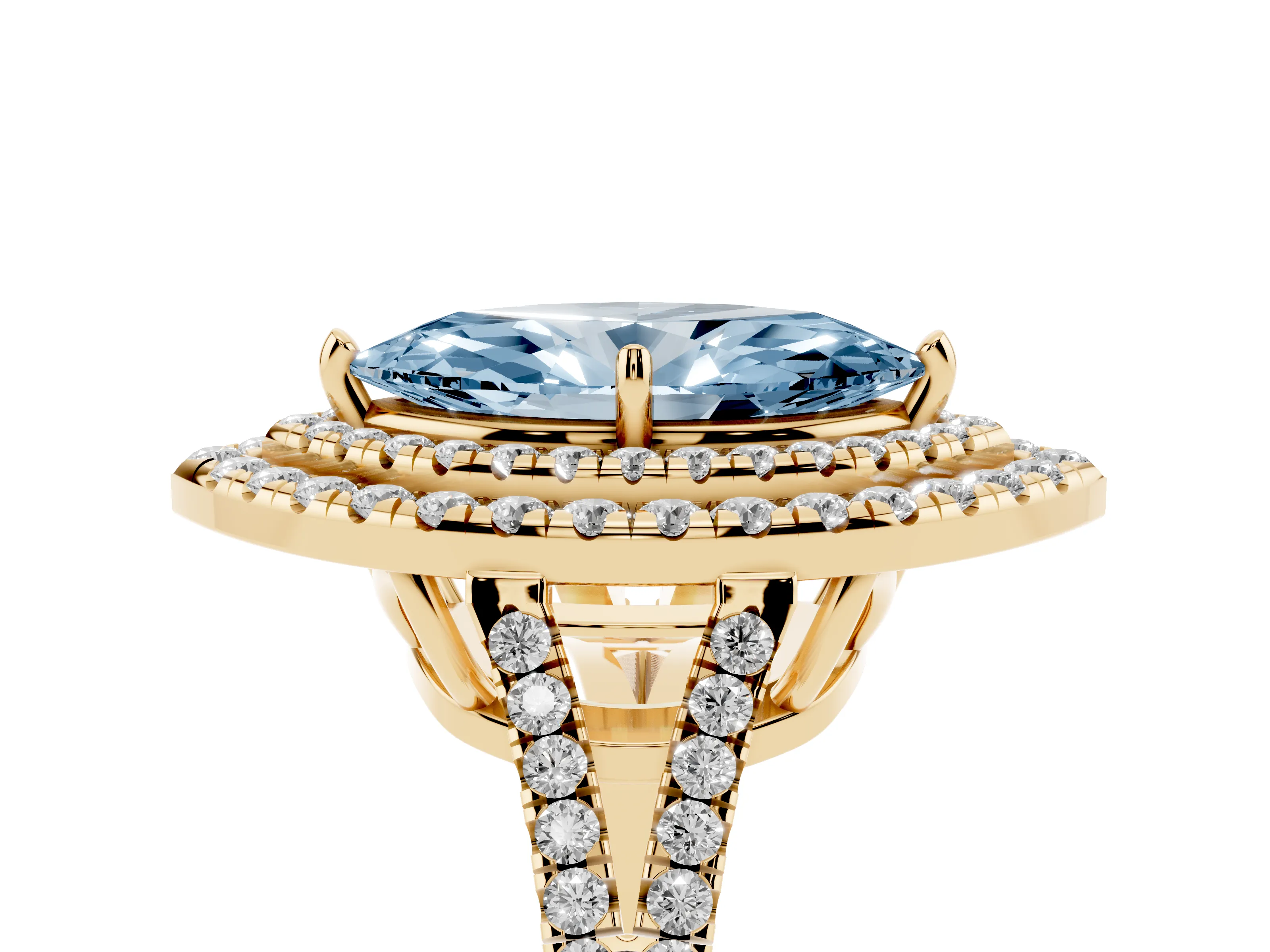 Fancy Blue Marquise Cut Diamond Double Halo Ring Set in Yellow gold with Pavé Band