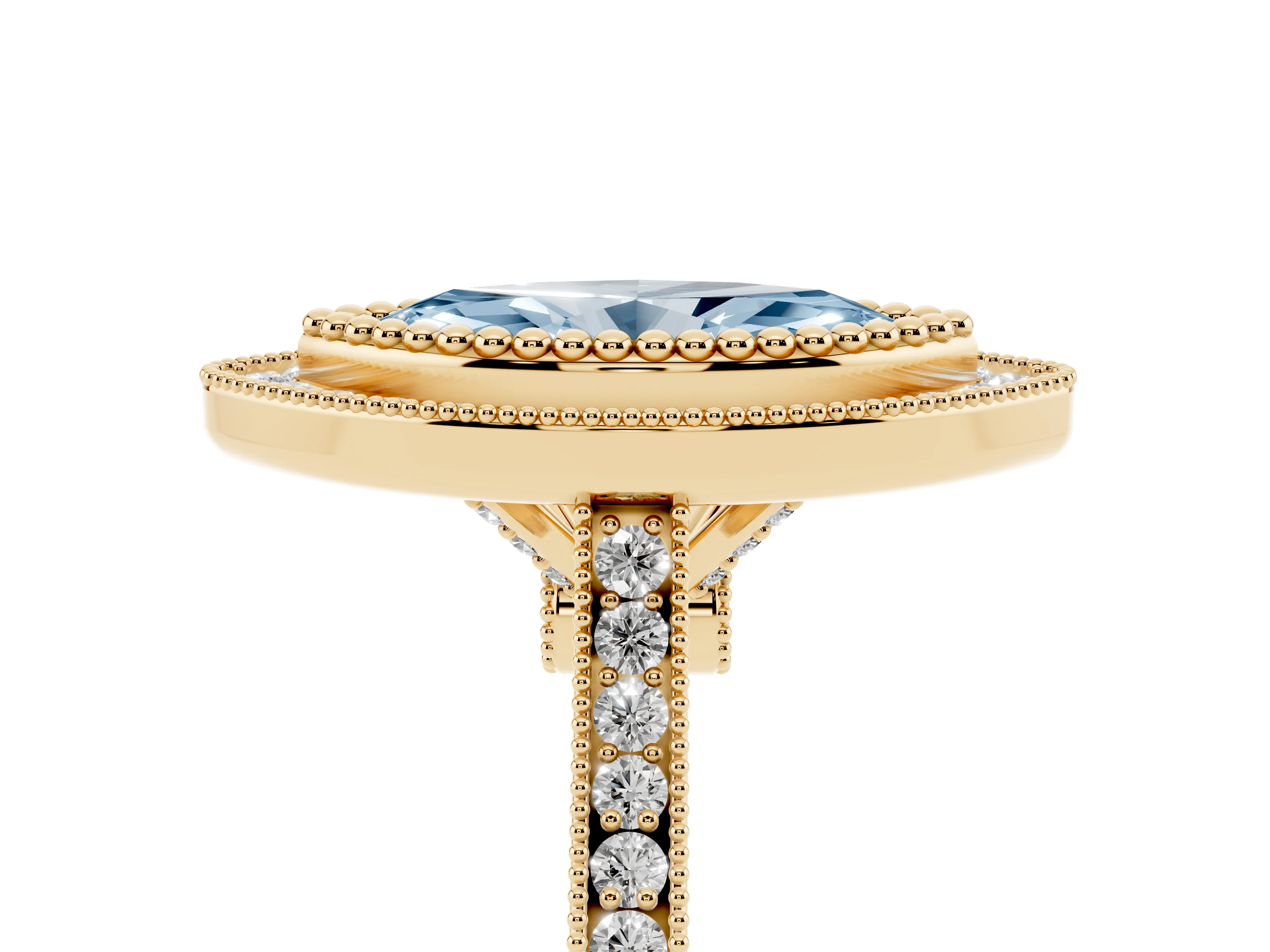 Fancy Blue Marquise Cut Diamond Halo Ring Set in Yellow gold with Milgrain Frame and Pavé Band