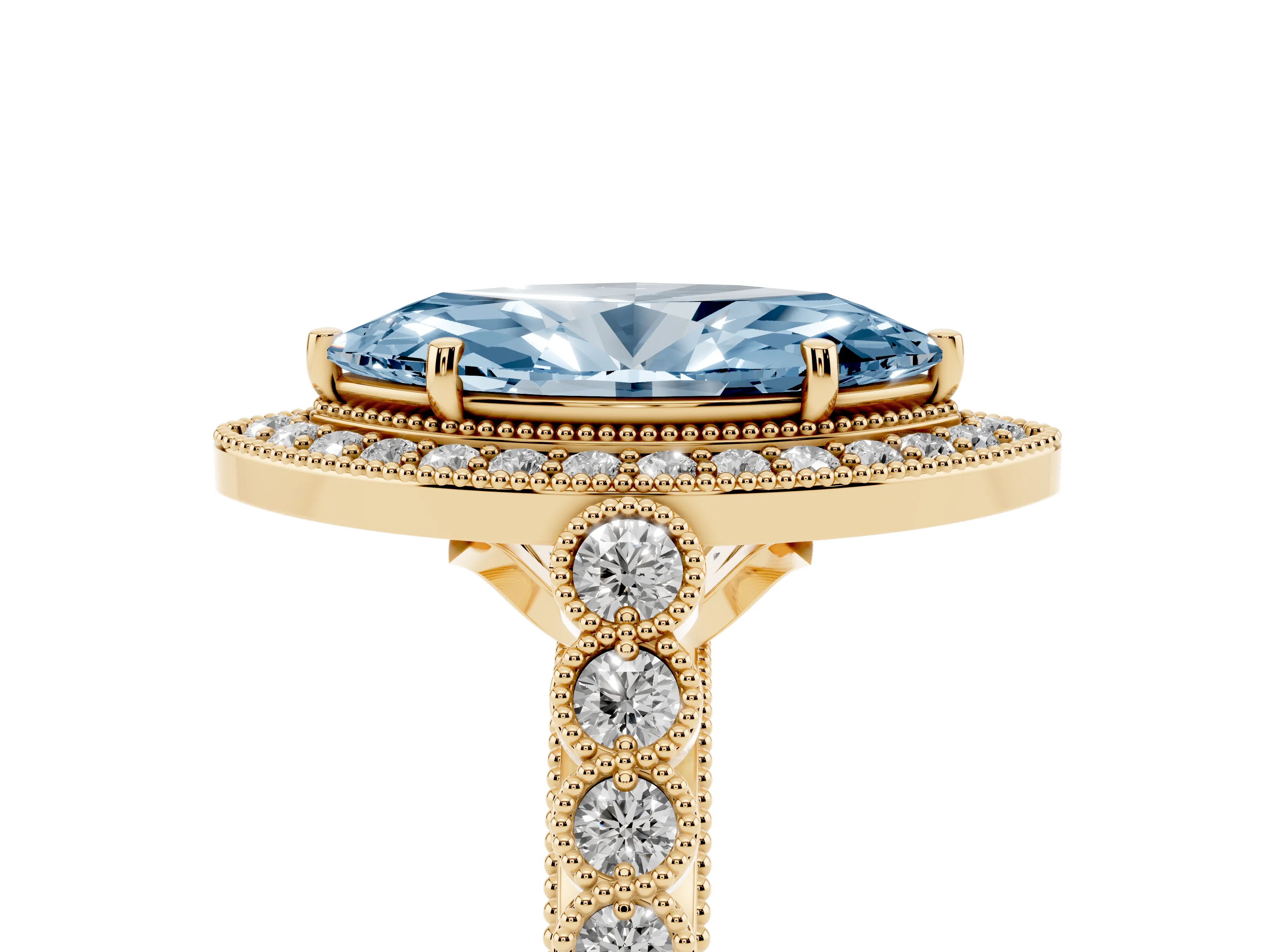 Fancy Blue Marquise Cut Diamond Milgrain Halo Solitaire Ring Set in Yellow gold with Bezel Set Side Stones and Pavé Band