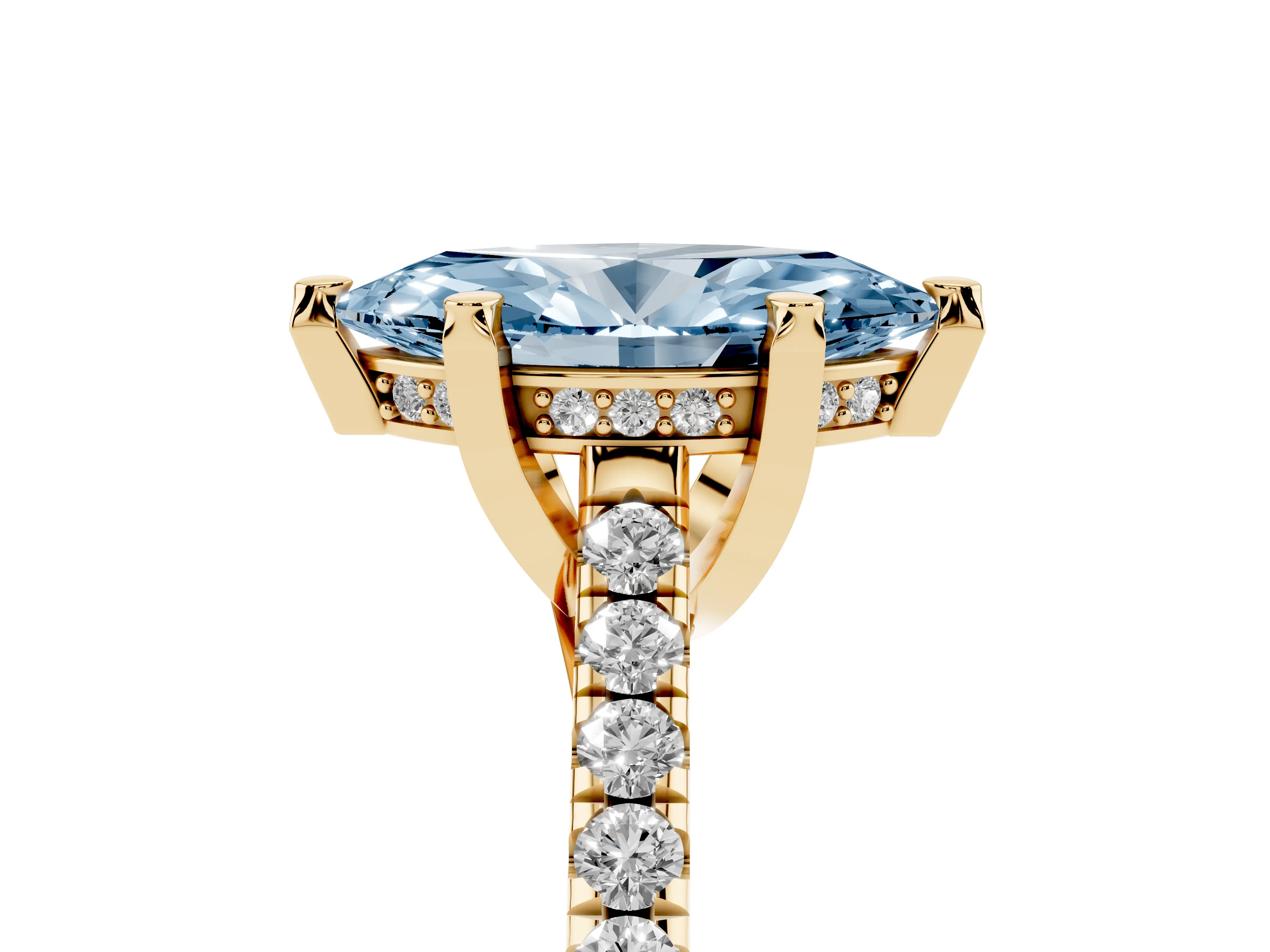 Fancy Blue Marquise Cut Diamond Solitaire Ring Set in Yellow gold with Brilliant Pavé Band and Prong Setting