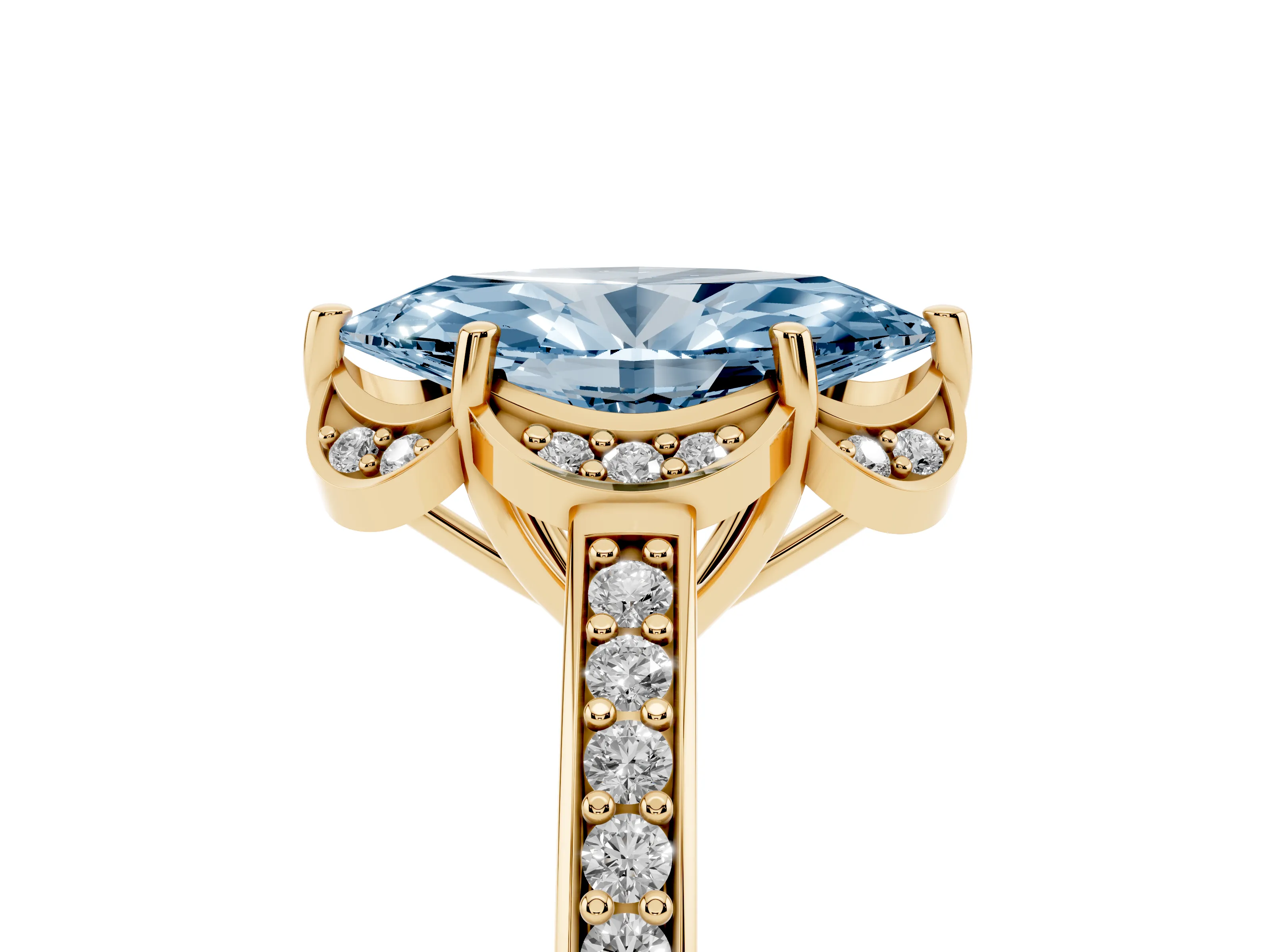 Fancy Blue Marquise Cut Diamond Halo Ring Set in Yellow gold with Channel Set Band and Prong Setting