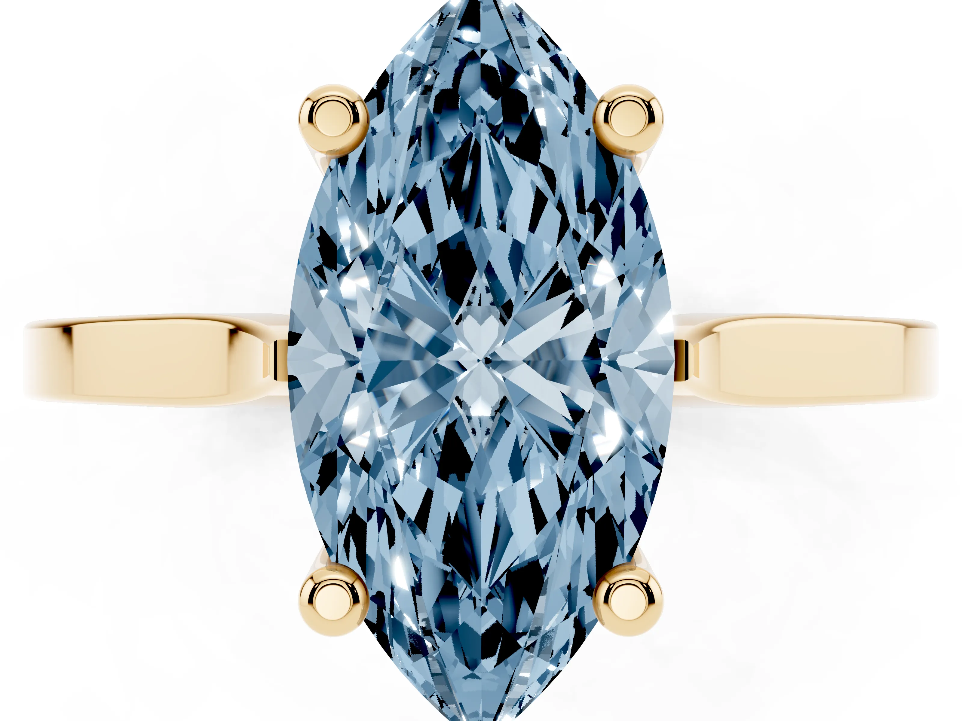Fancy Blue Marquise Cut Diamond Solitaire Ring Set in Yellow gold with Prong Setting and Tapered Band