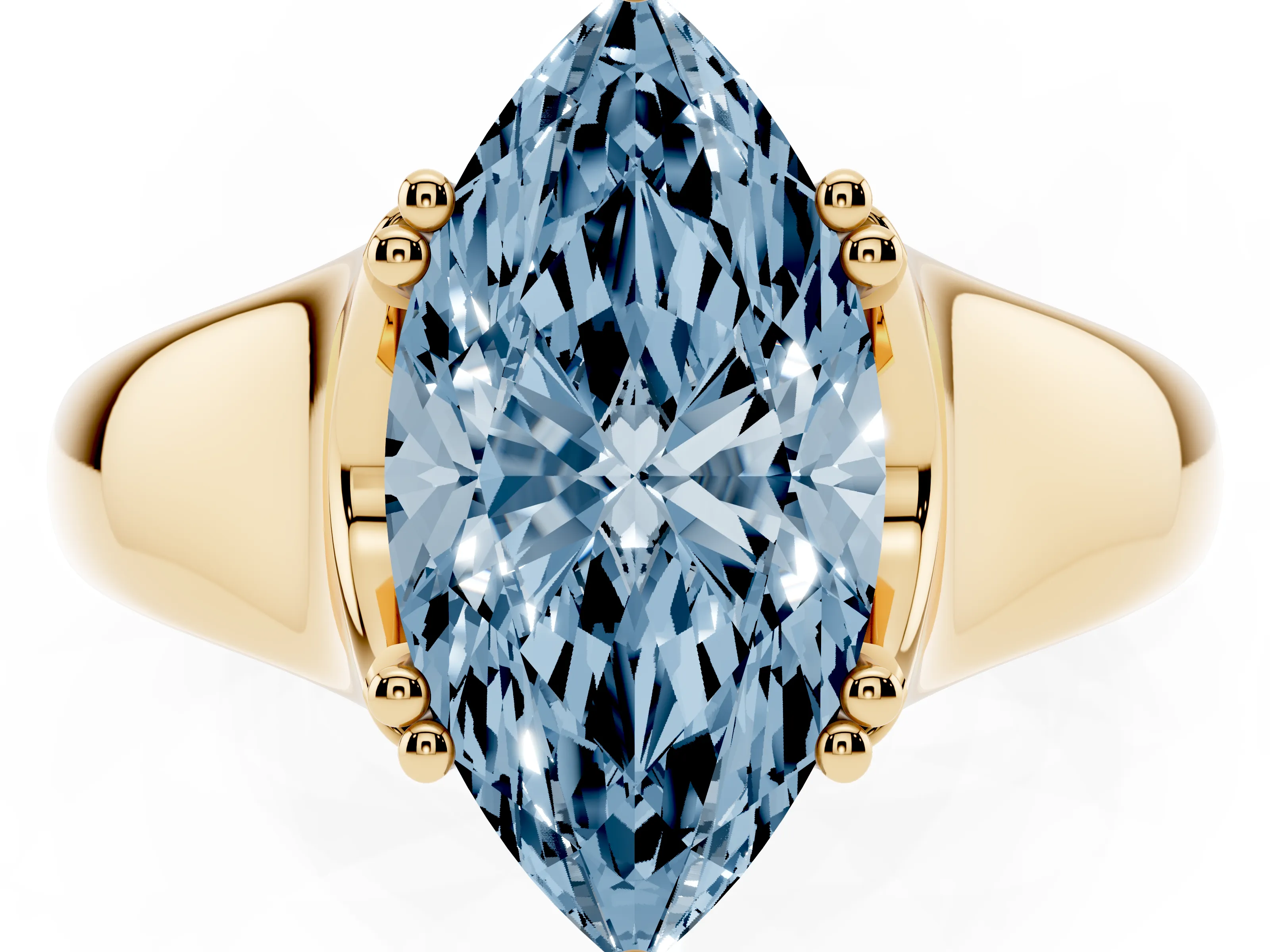 Fancy Blue Marquise Cut Diamond Solitaire Ring Set in Yellow gold with Wide Band and Prong Setting