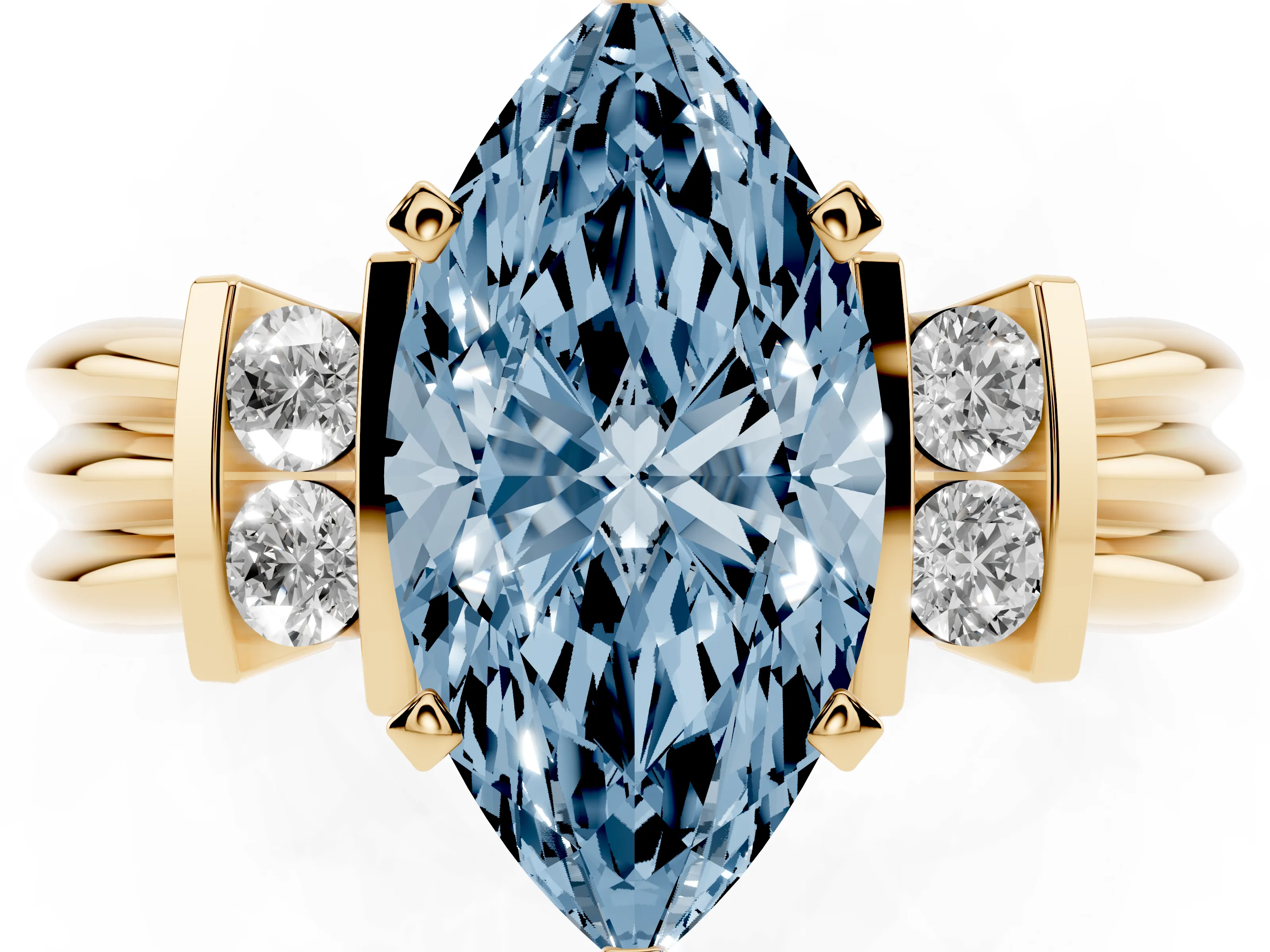 Fancy Blue Three-Stone Marquise Cut Diamond Channel Set Ring Set in Yellow gold with Bar Prongs