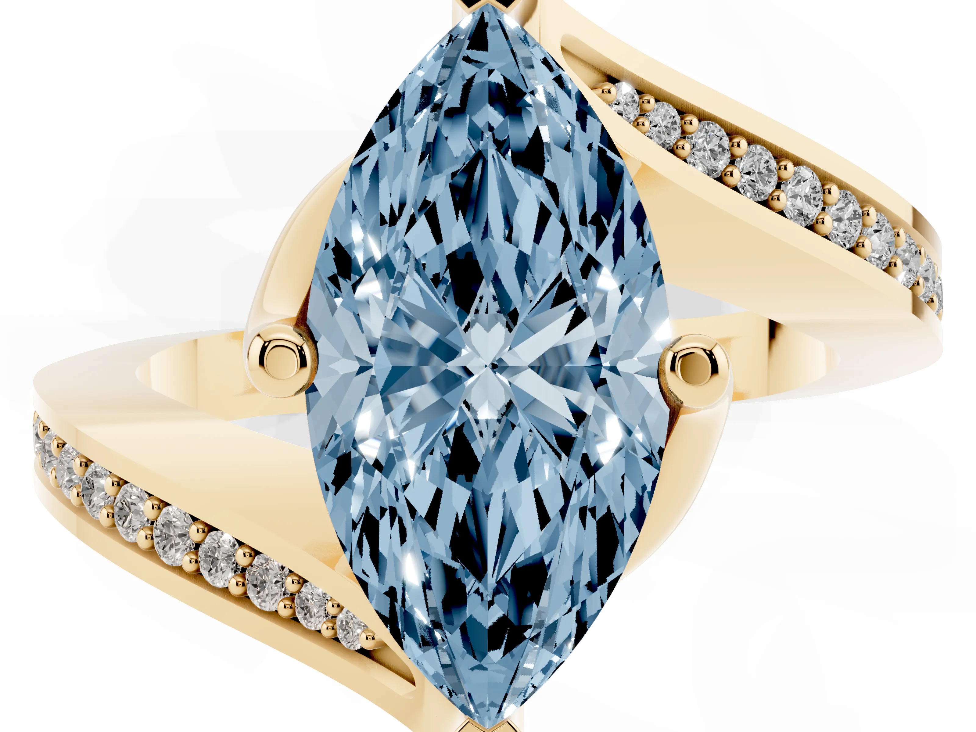 Fancy Blue Marquise Cut Diamond Solitaire Ring Set in Yellow gold with Intertwined Pavé Twist Band
