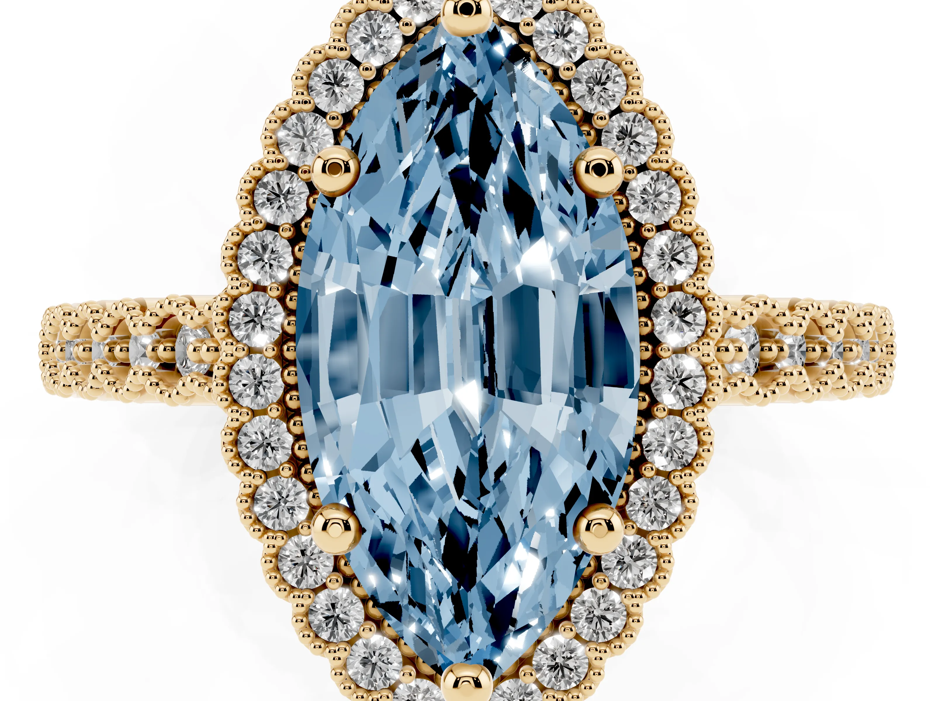 Fancy Blue Marquise Cut Diamond Halo Ring Set in Yellow gold with Pavé Milgrain Band