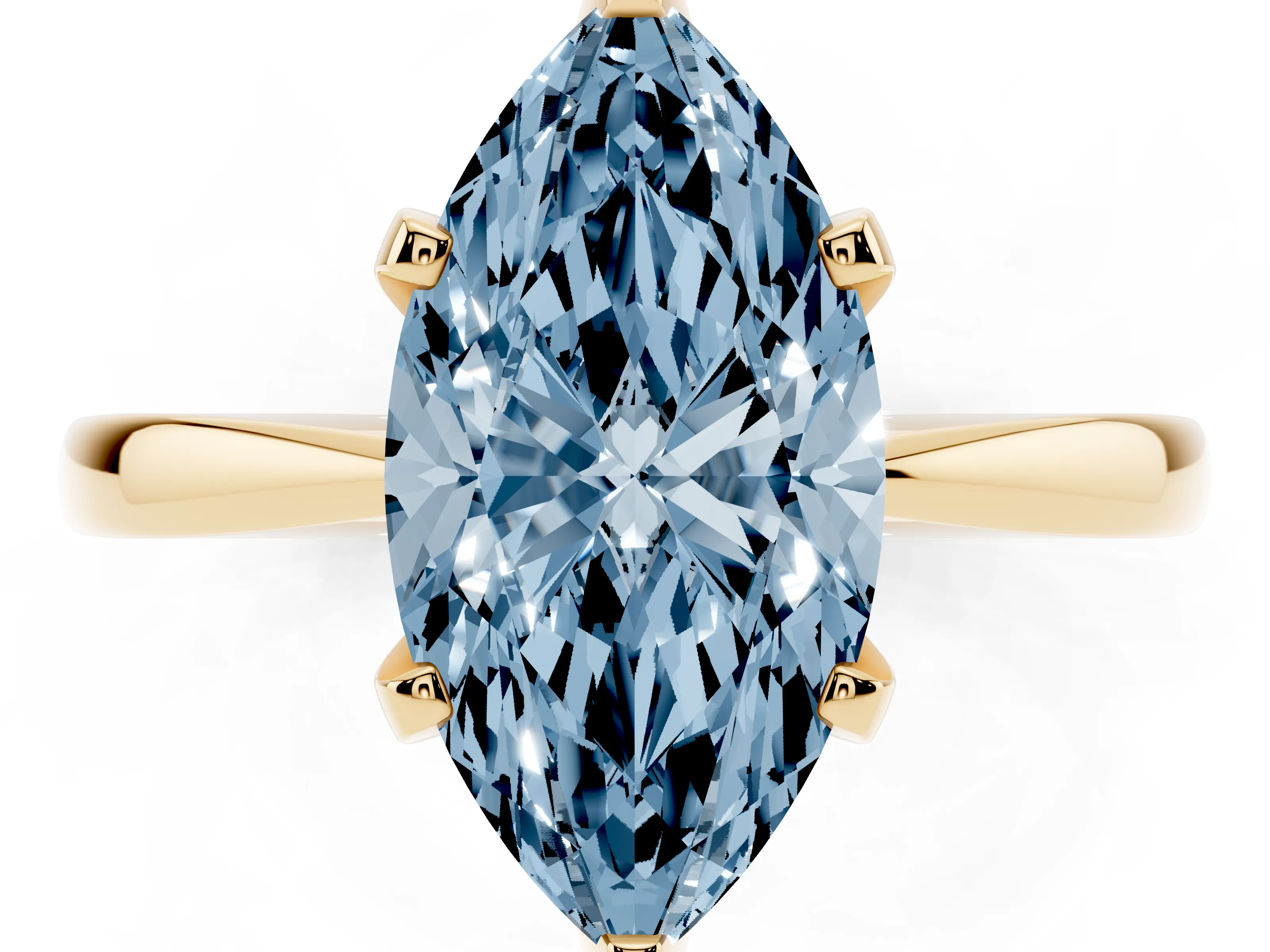 Fancy Blue Marquise Cut Diamond Solitaire Engagement Ring Set in Yellow gold with Slim Tapered Solitaire Band