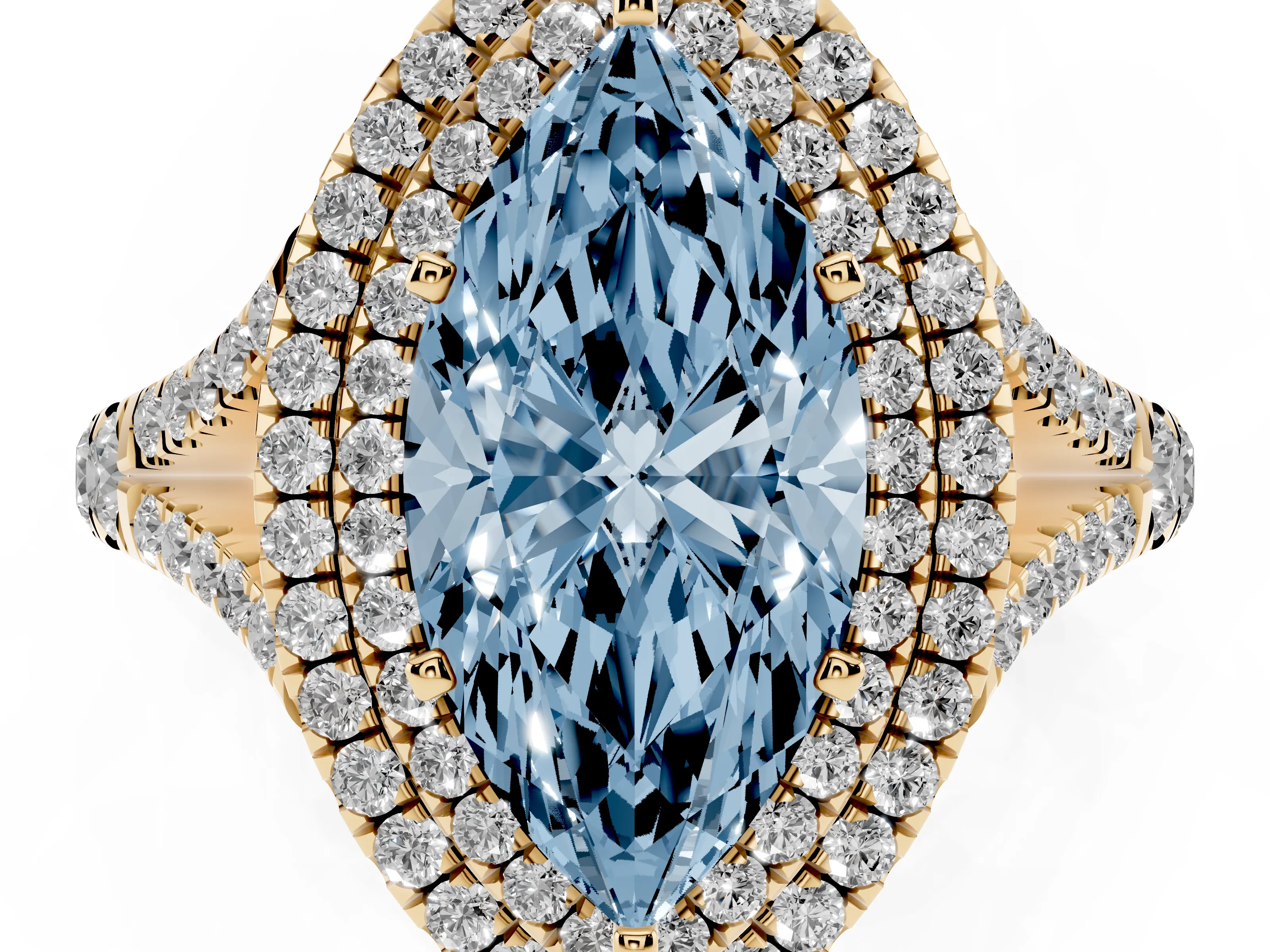 Fancy Blue Marquise Cut Diamond Pavé Split Shank Double Halo Engagement Ring Set in Yellow gold