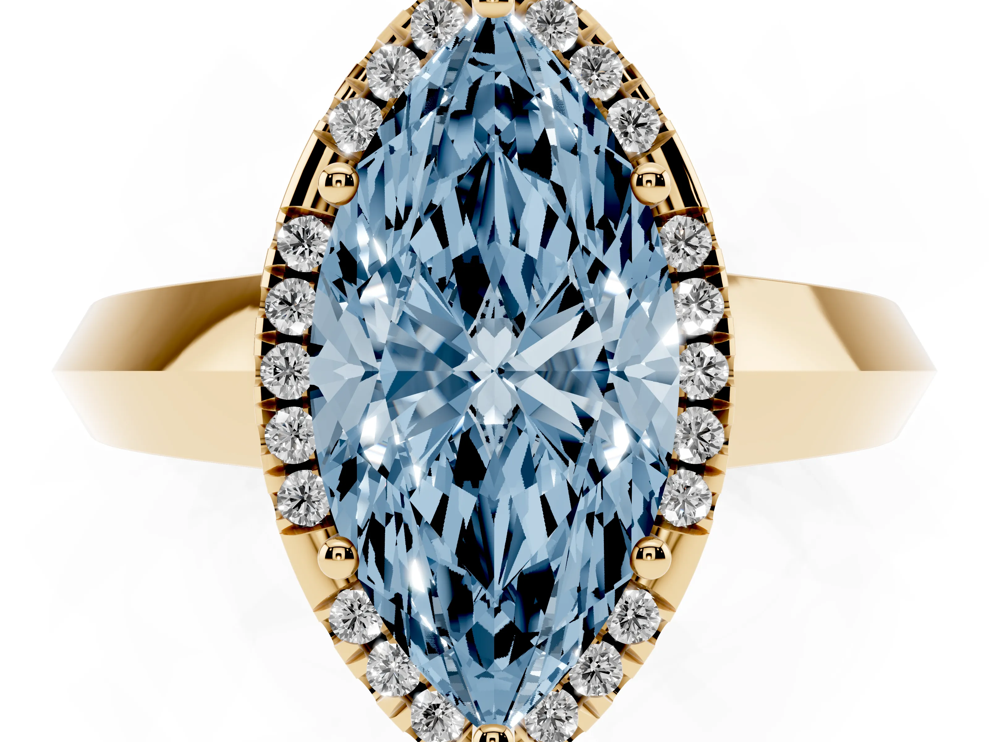 Fancy Blue Marquise Cut Diamond Halo Ring Set in Yellow gold with Cathedral Band and Prong Setting
