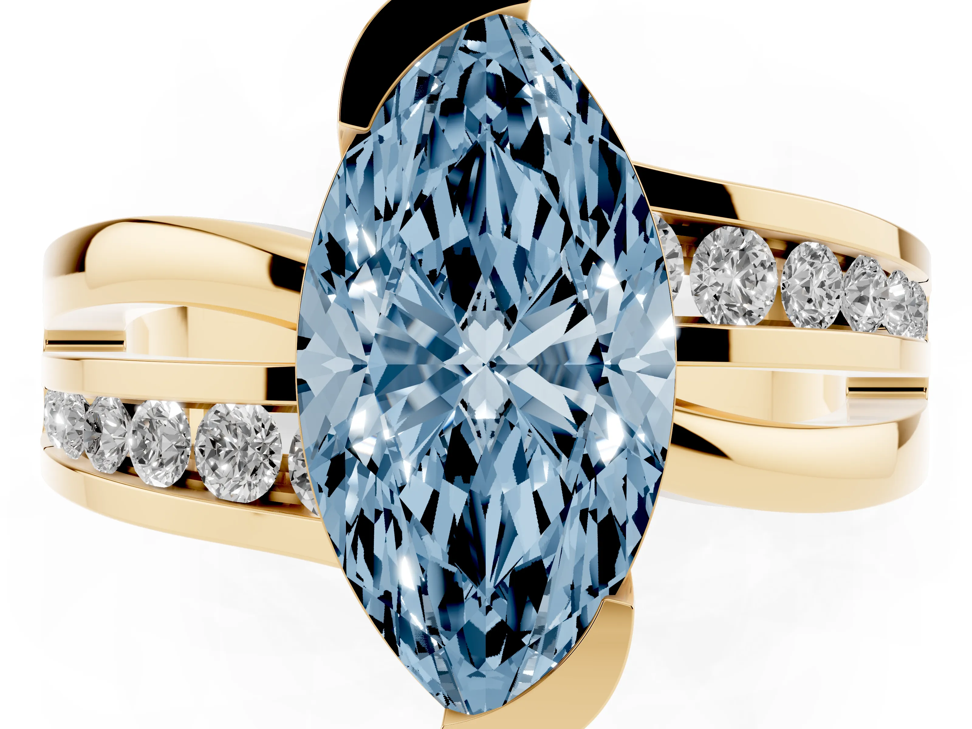 Fancy Blue Marquise Cut Diamond Solitaire Ring Set in Yellow gold with Channel Set Split Shank and Tension Prongs