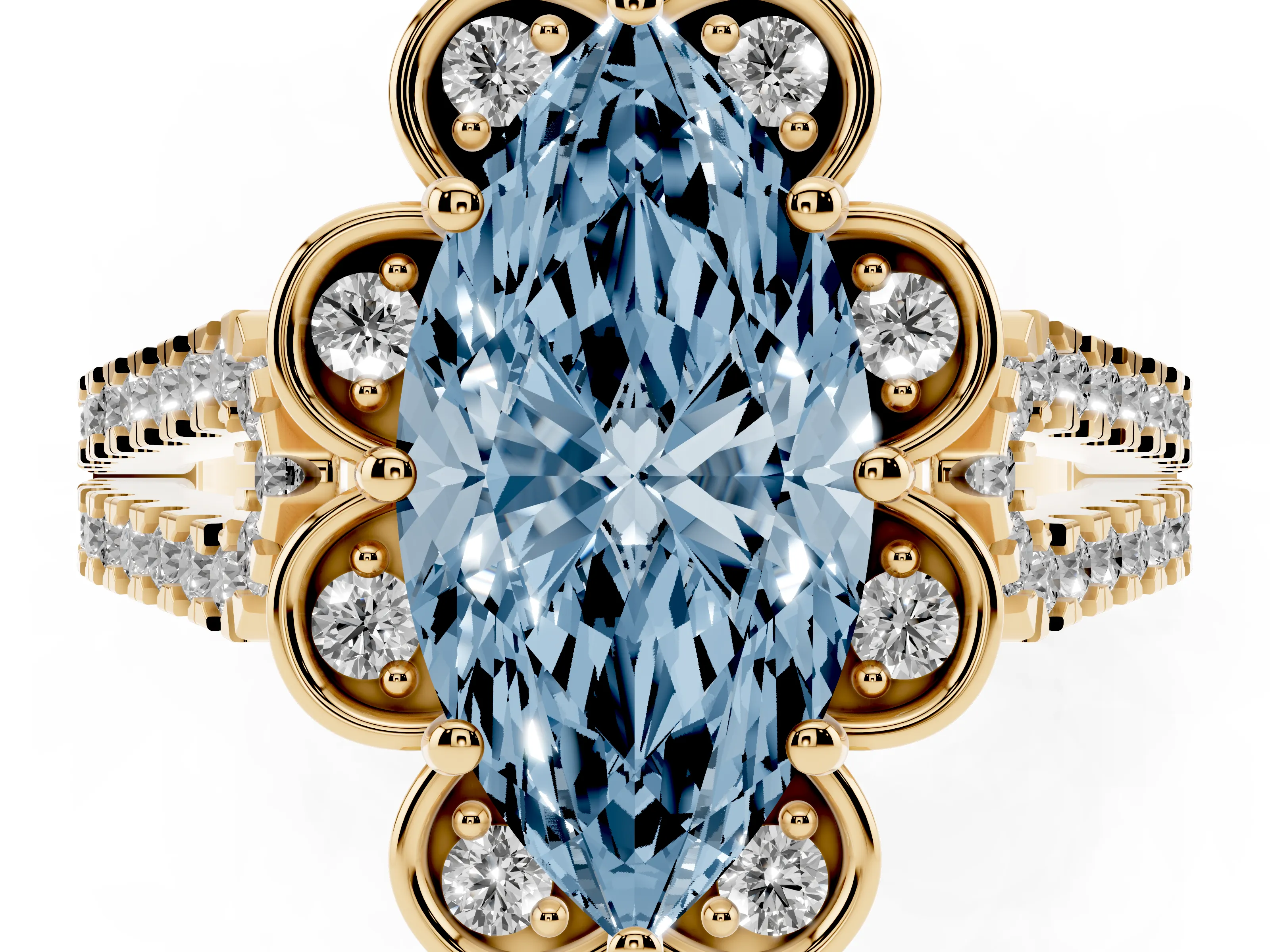 Fancy Blue Marquise Cut Diamond Floral Halo Split Shank Engagement Ring Set in Yellow gold with Pavé Shank
