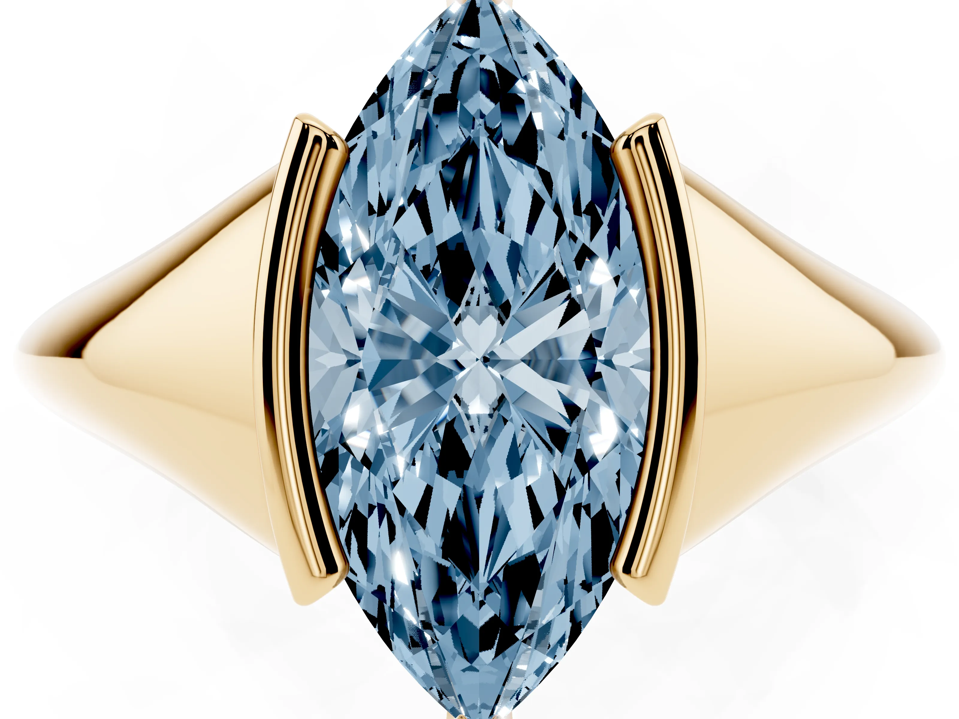 Fancy Blue Marquise Cut Diamond Solitaire Tension Set Ring Set in Yellow gold