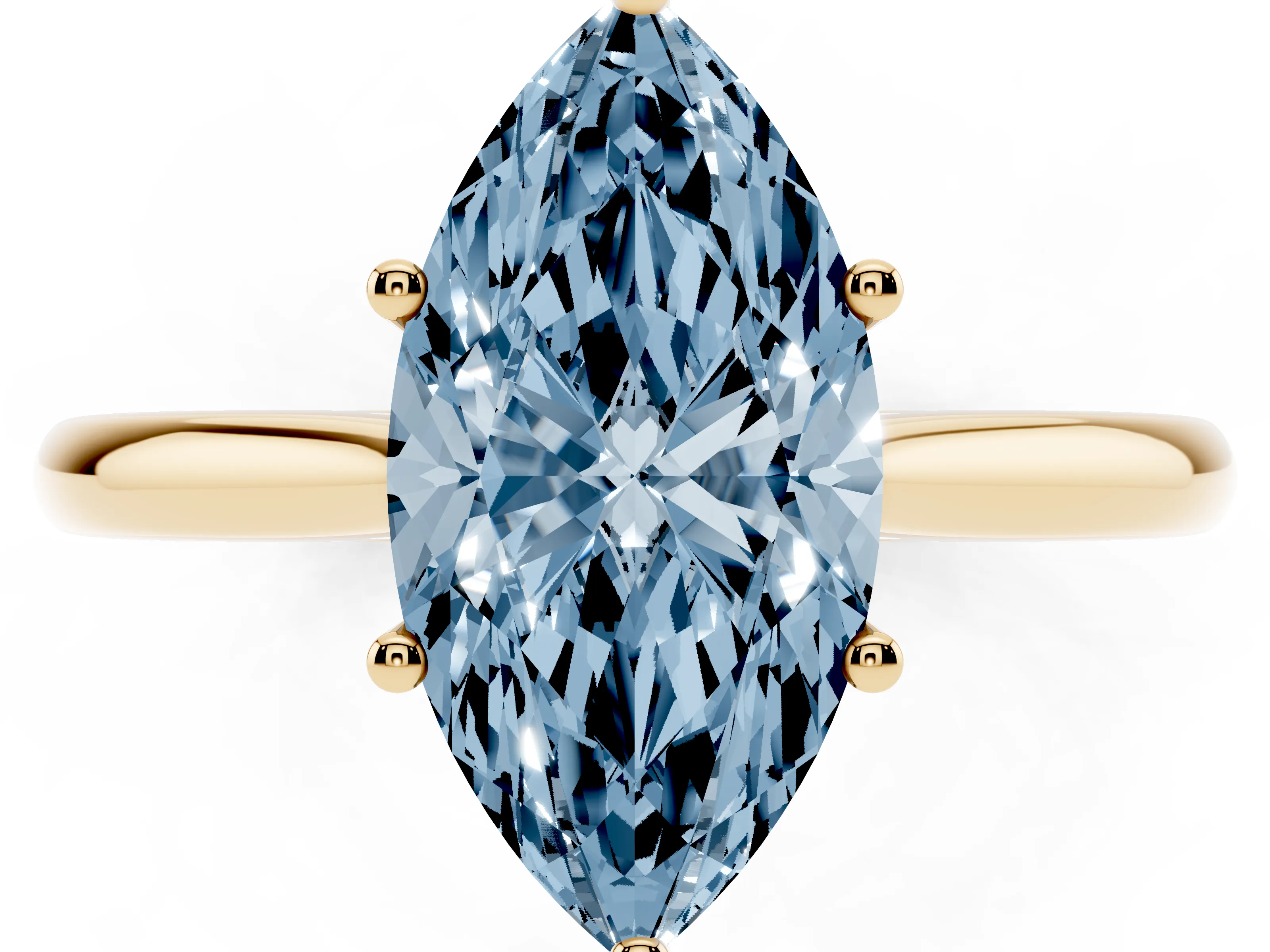 Fancy Blue Marquise Cut Diamond Solitaire Ring Set in Yellow gold with Cathedral Band and Prong Setting