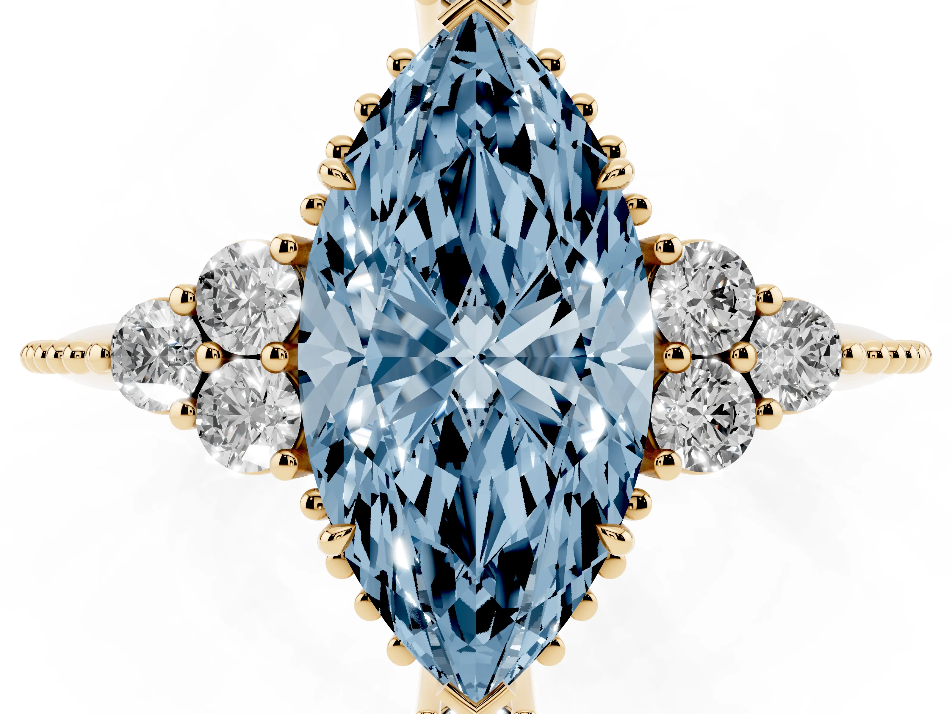 Fancy Blue Marquise Cut Diamond Cluster Ring Set in Yellow gold with Beaded Band