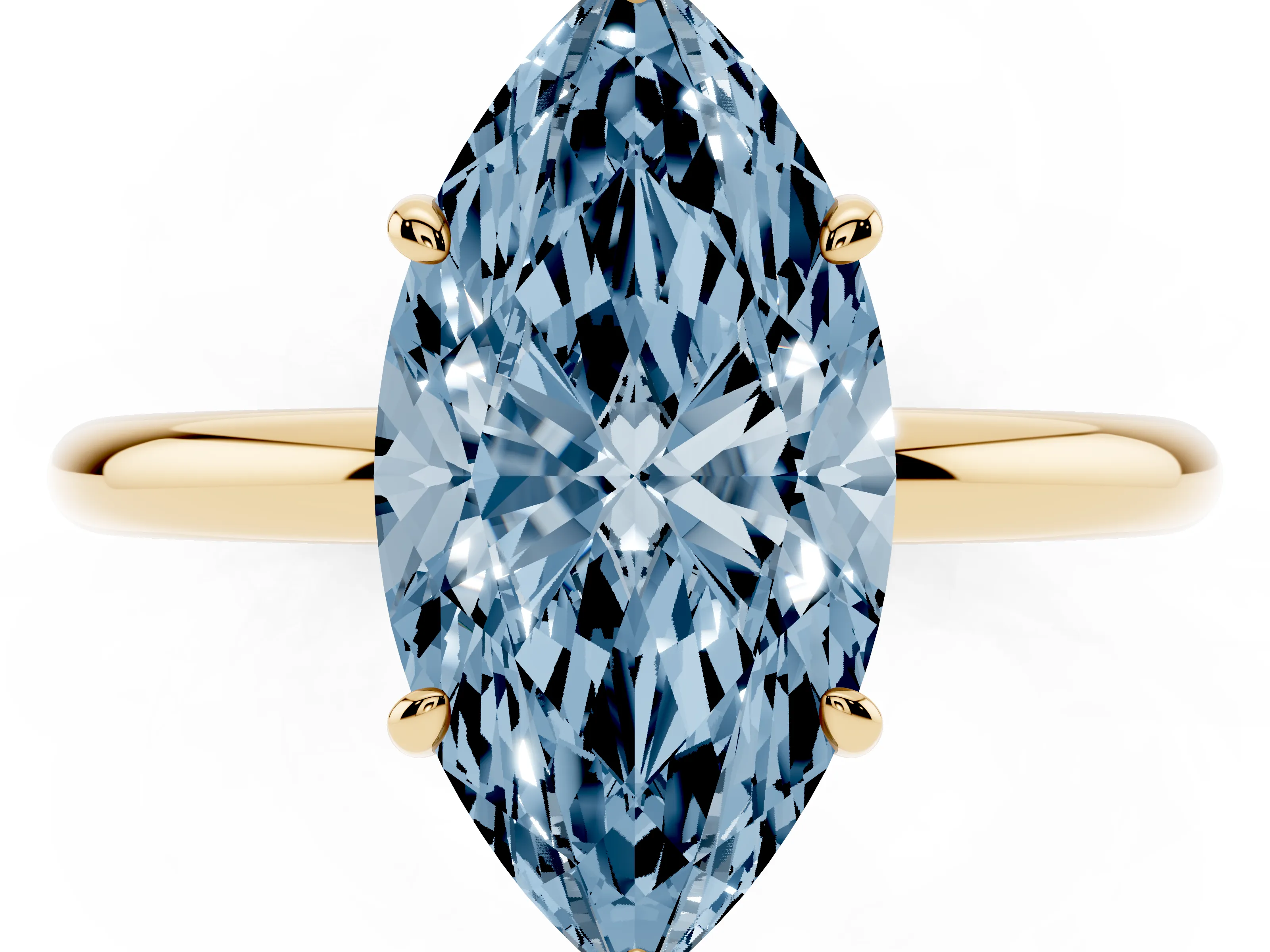 Fancy Blue Marquise Cut Diamond Solitaire Ring Set in Yellow gold with Prong Setting on a Polished Plain Band