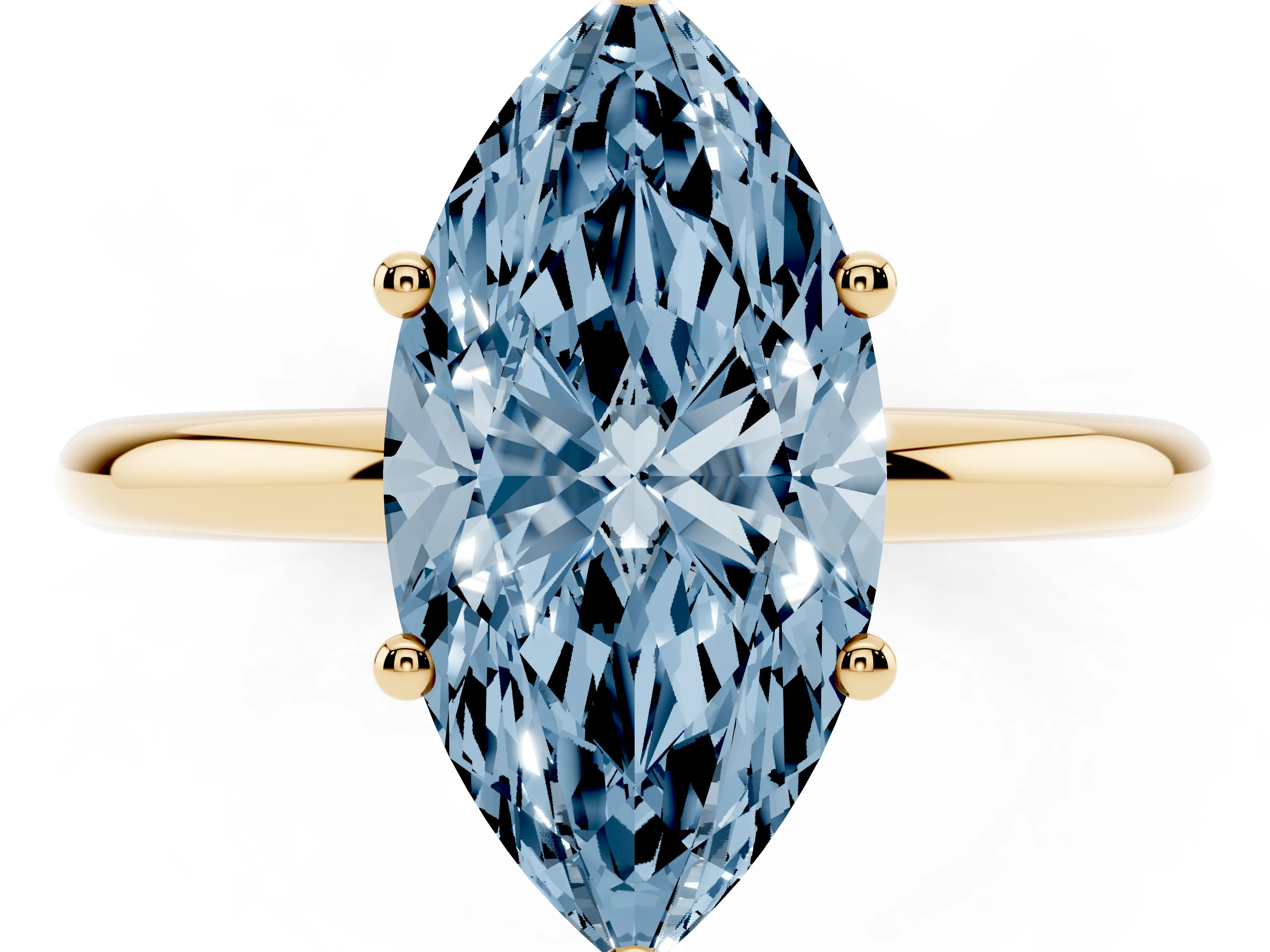 Fancy Blue Marquise Cut Diamond Solitaire Engagement Ring Set in Yellow gold with Prong Setting and Polished Band