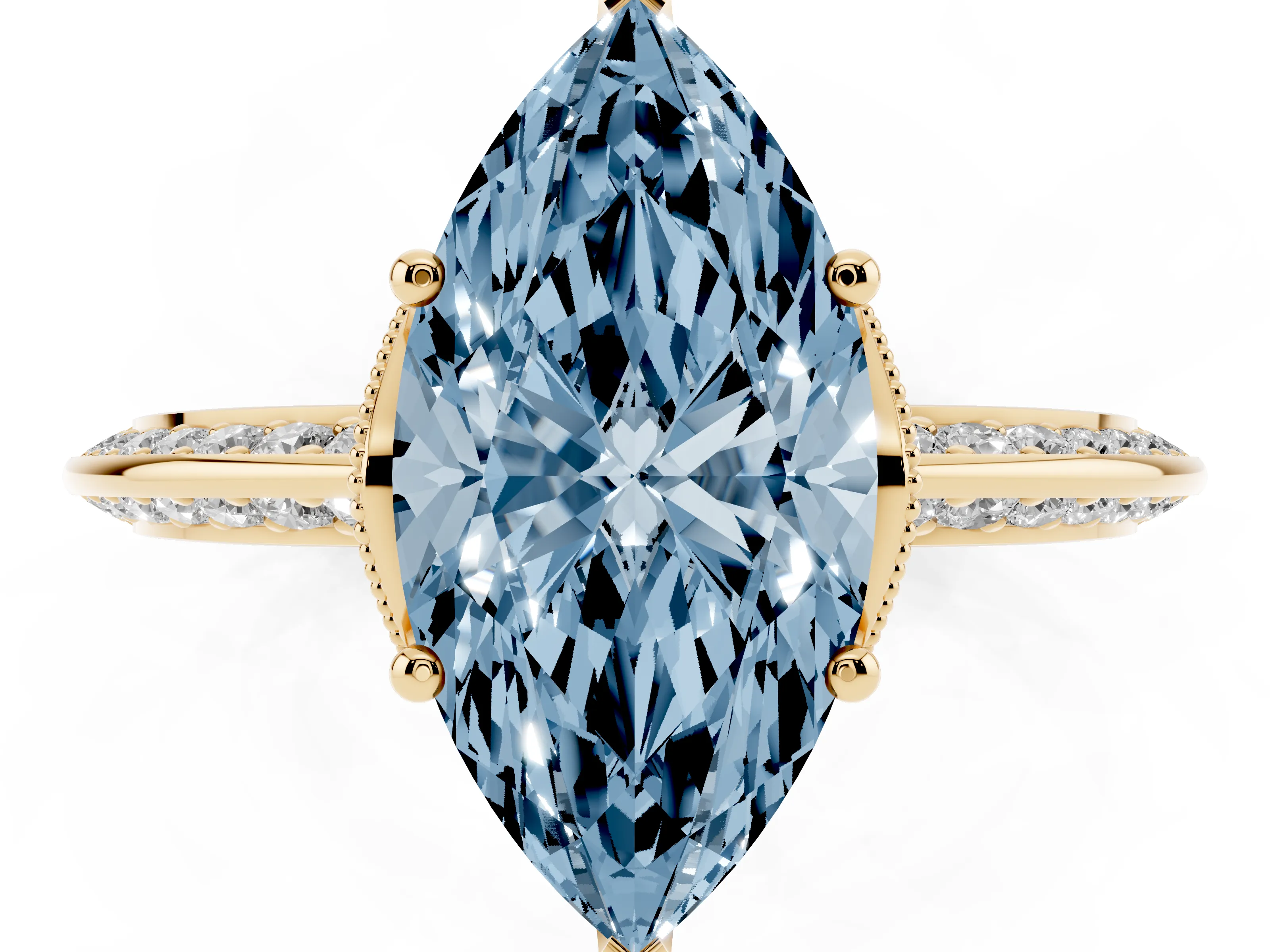Fancy Blue Marquise Cut Diamond Solitaire Engagement Ring Set in Yellow gold with Pavé Split Shank and Prong Setting
