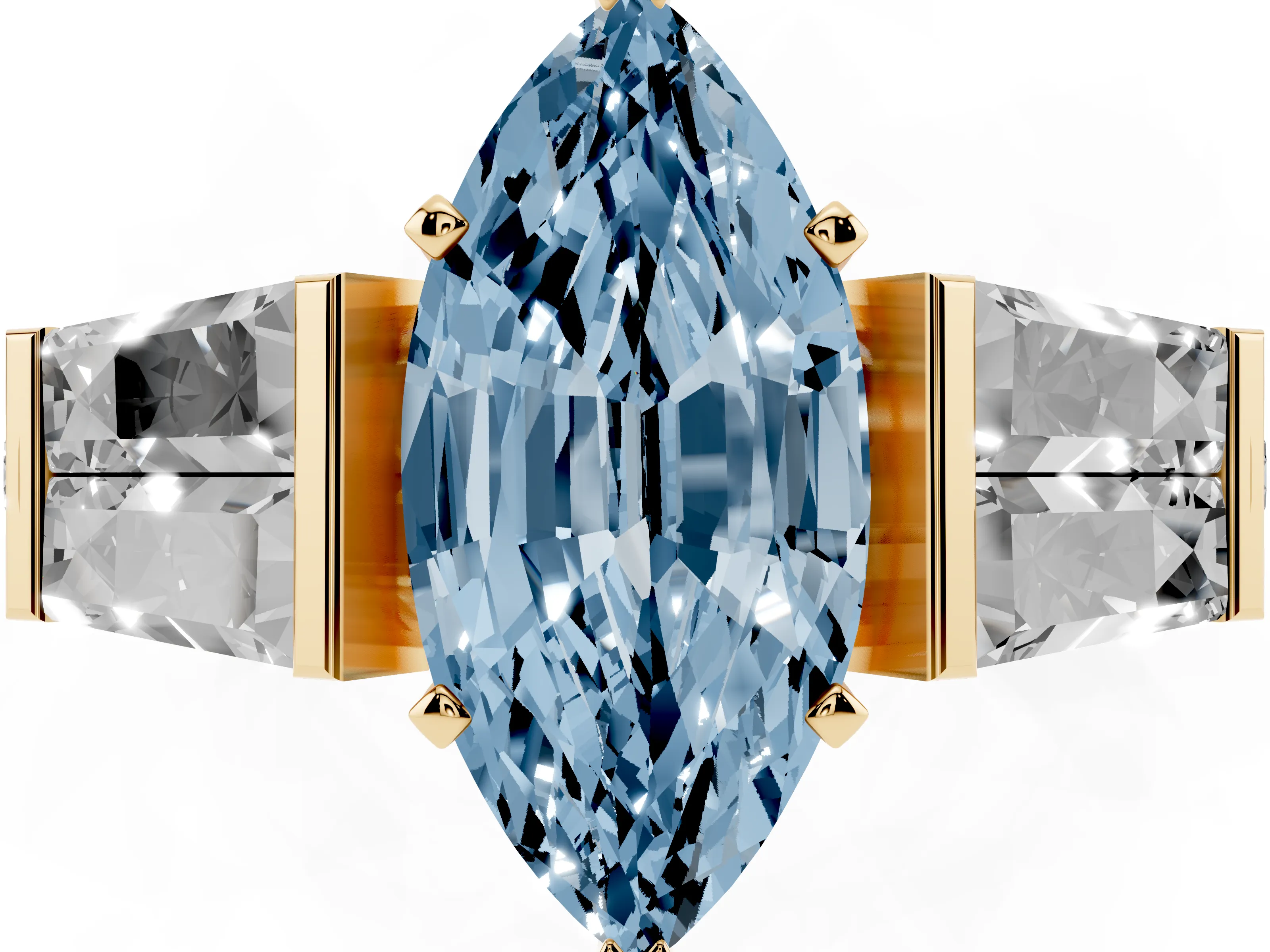 Fancy Blue Marquise Cut Diamond Engagement Ring Set in Yellow gold with Baguette Side Stones and Channel Set Band