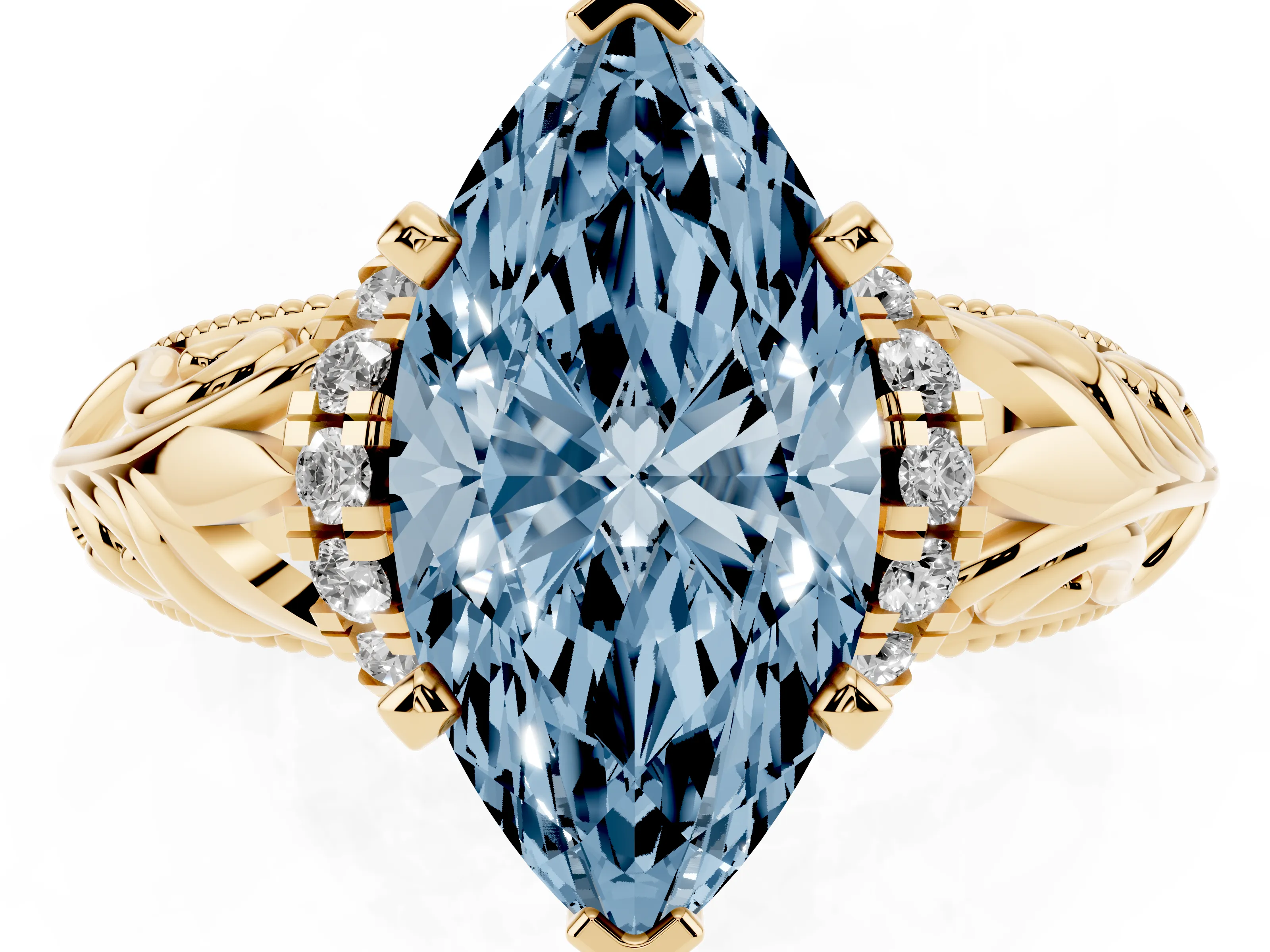 Fancy Blue Marquise Cut Diamond Filigree Halo Engagement Ring Set in Yellow gold with Prong Setting