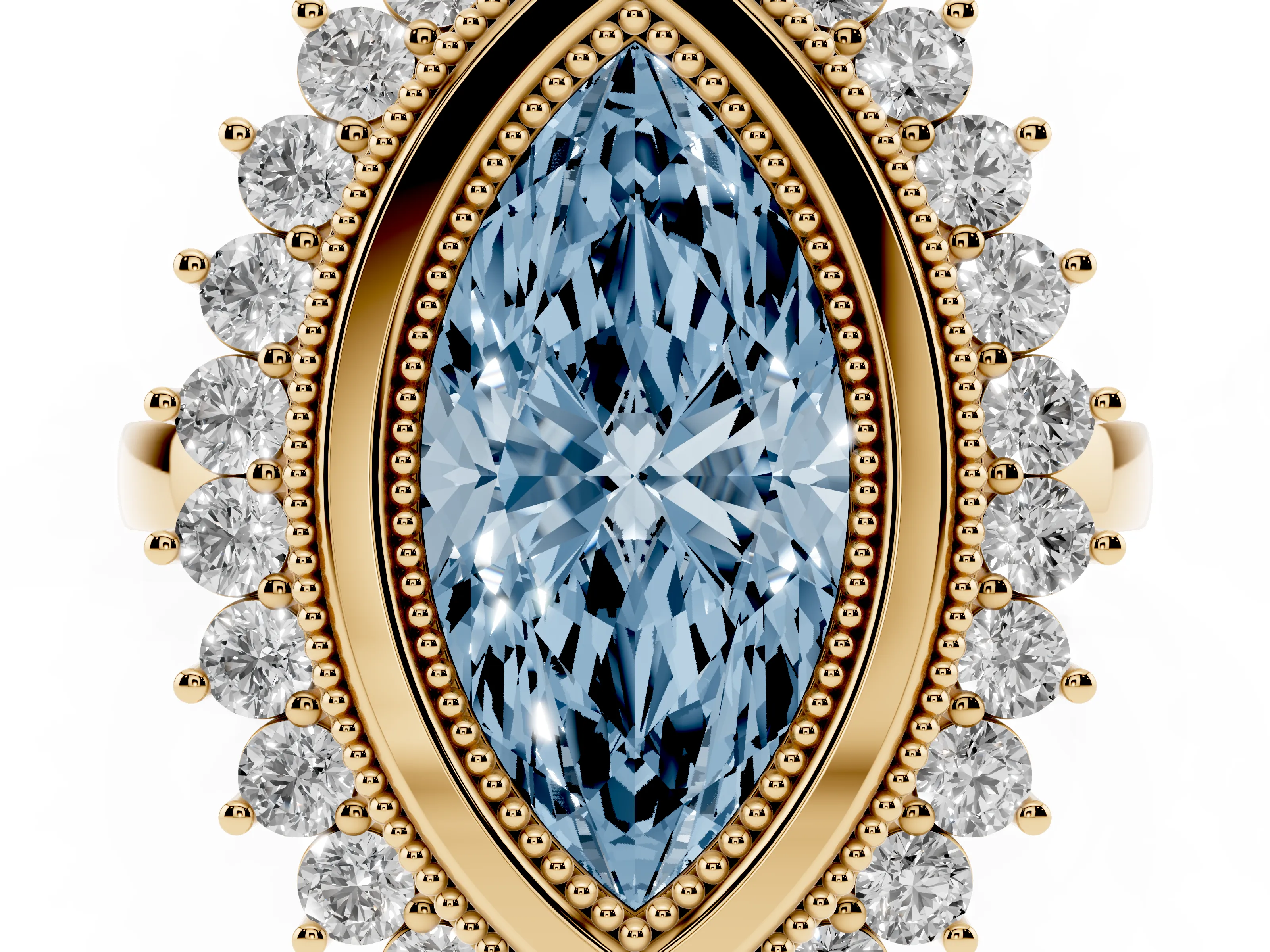 Fancy Blue Marquise Cut Diamond Halo Ring Set in Yellow gold with Milgrain Edge and Round Prong Setting
