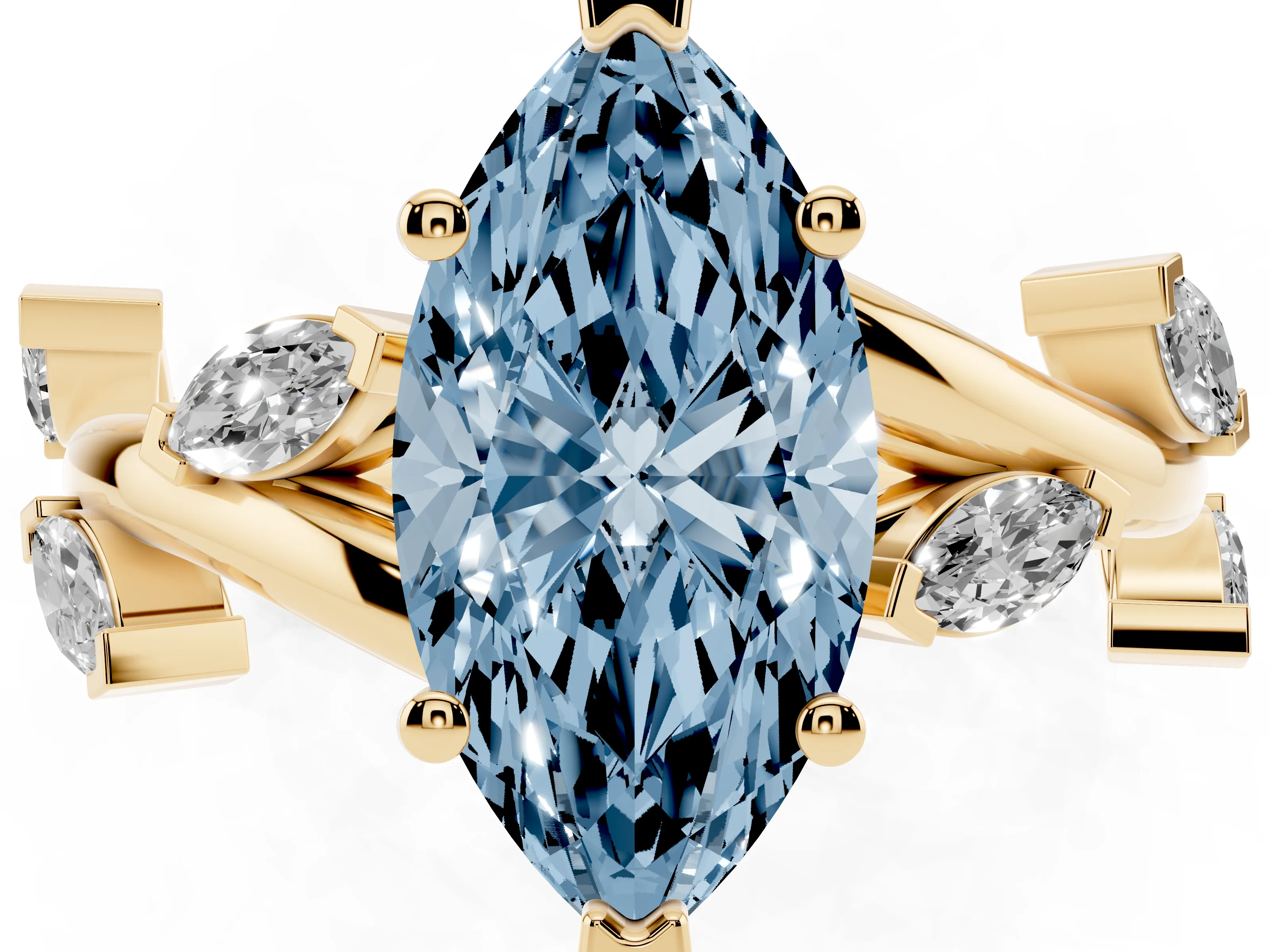 Fancy Blue Marquise Cut Diamond Solitaire Ring Set in Yellow gold with Twisted Marquise Accent Band