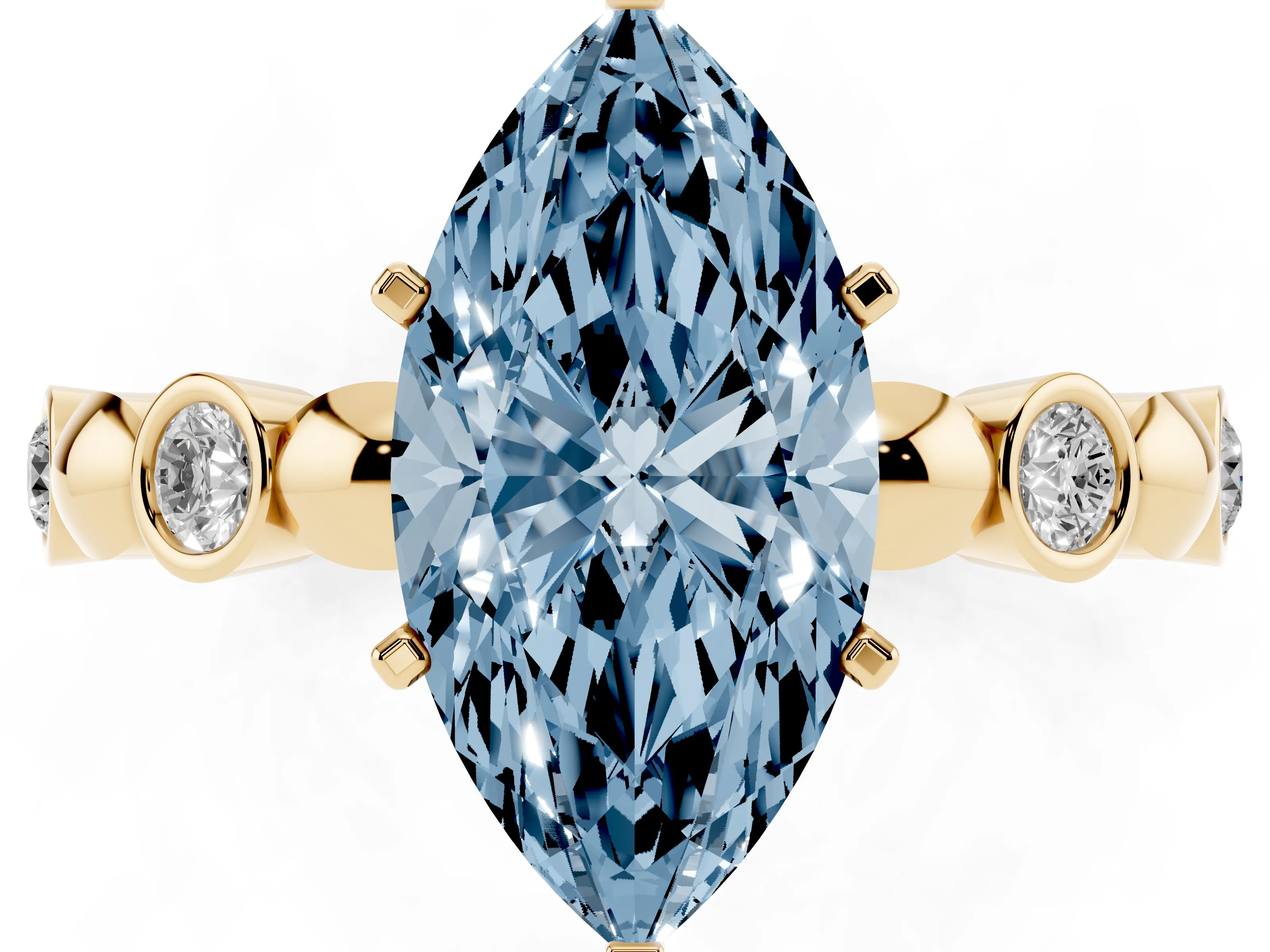 Fancy Blue Marquise Cut Diamond Solitaire Ring Set in Yellow gold with Bezel-Set Accents on Beaded Band and Prong Setting