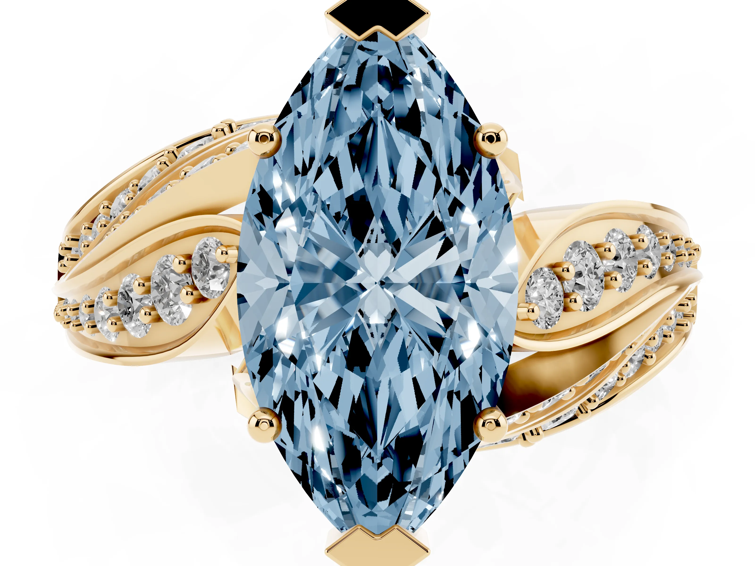 Fancy Blue Marquise Cut Diamond Solitaire Ring Set in Yellow gold with Layered Twist Pavé Band